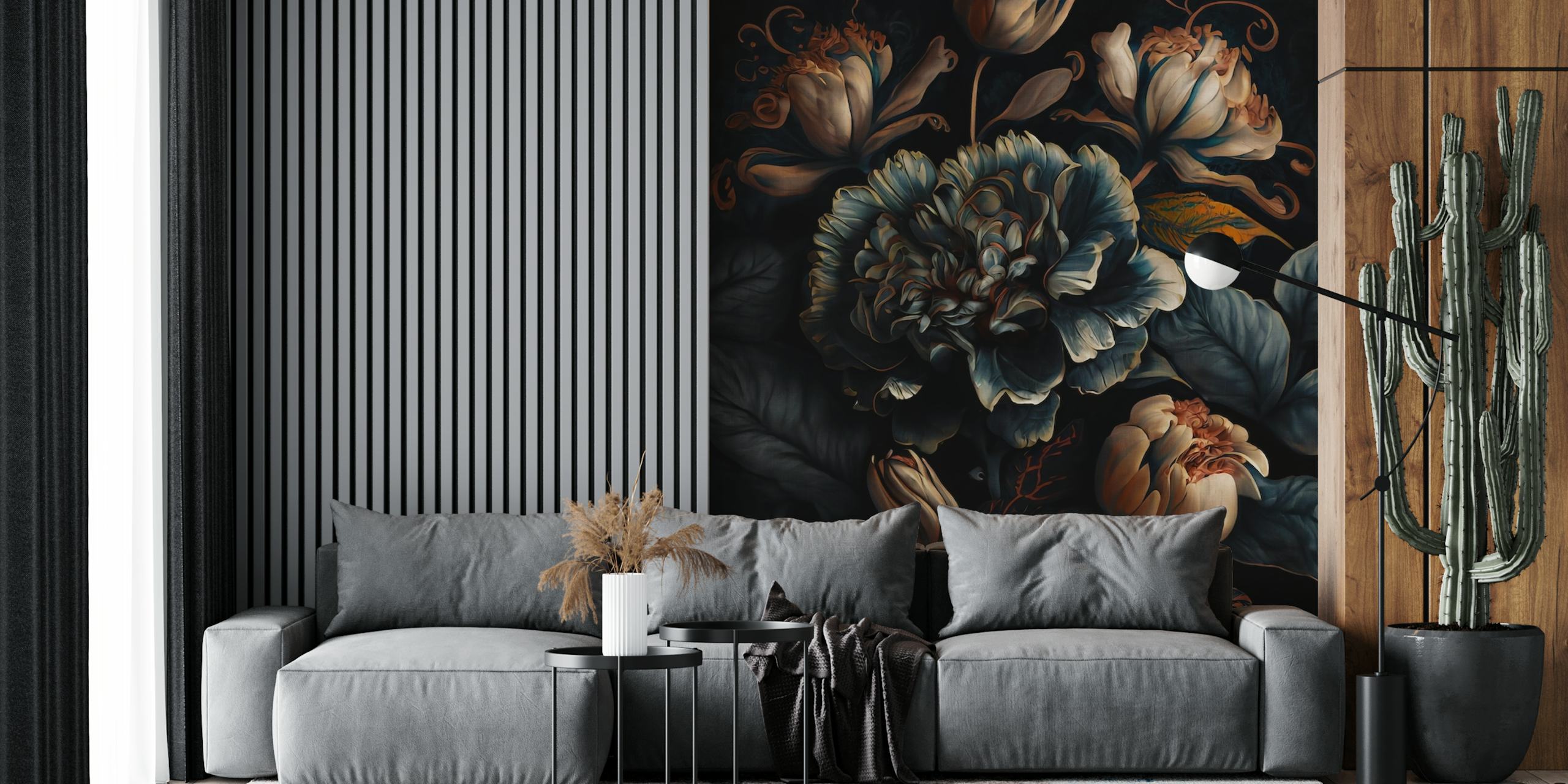 Large baroque style night flowers in dark hues wallpaper