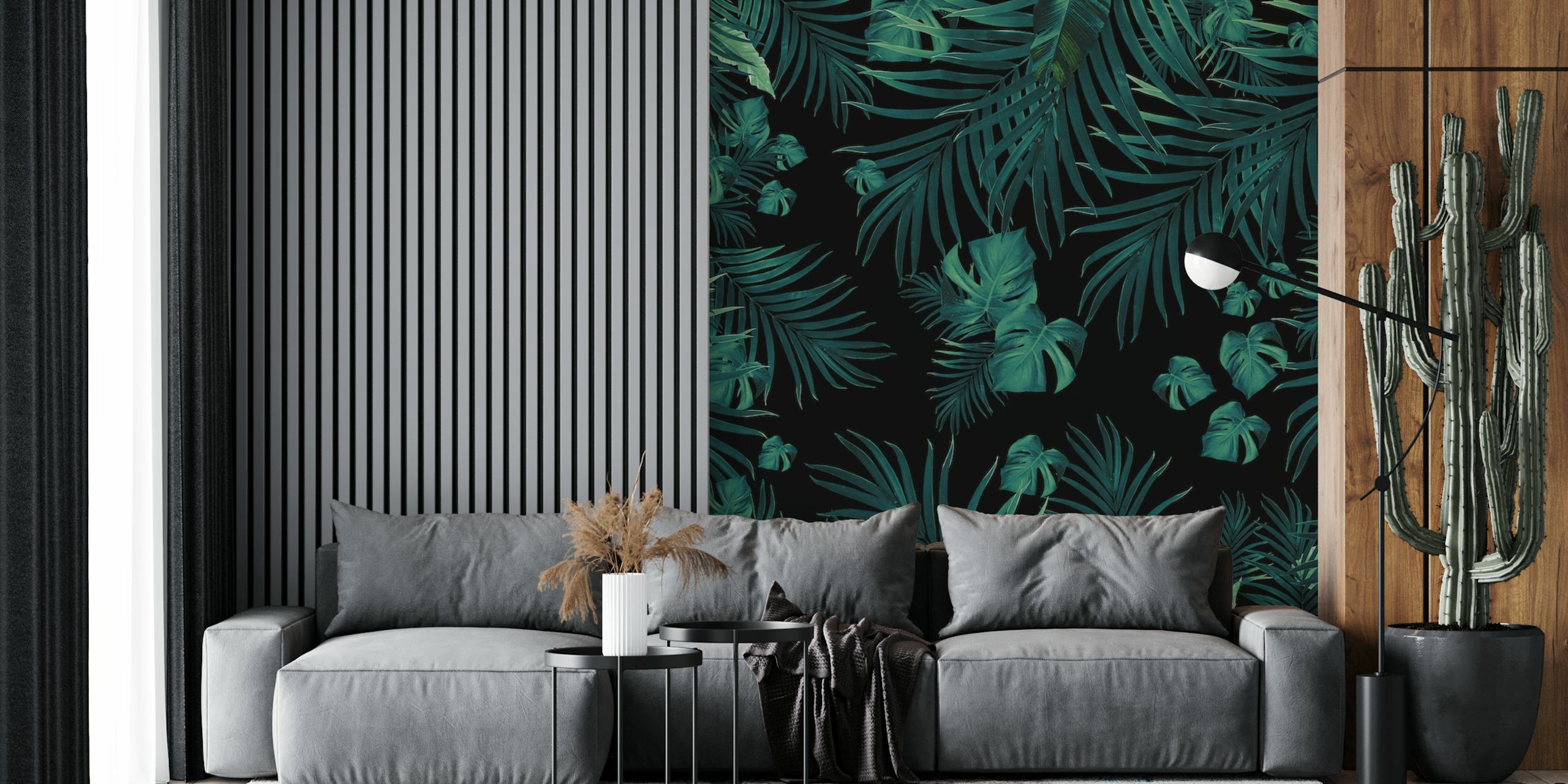 Tropical jungle leaves in dark green shades, creating a mysterious night-time atmosphere.