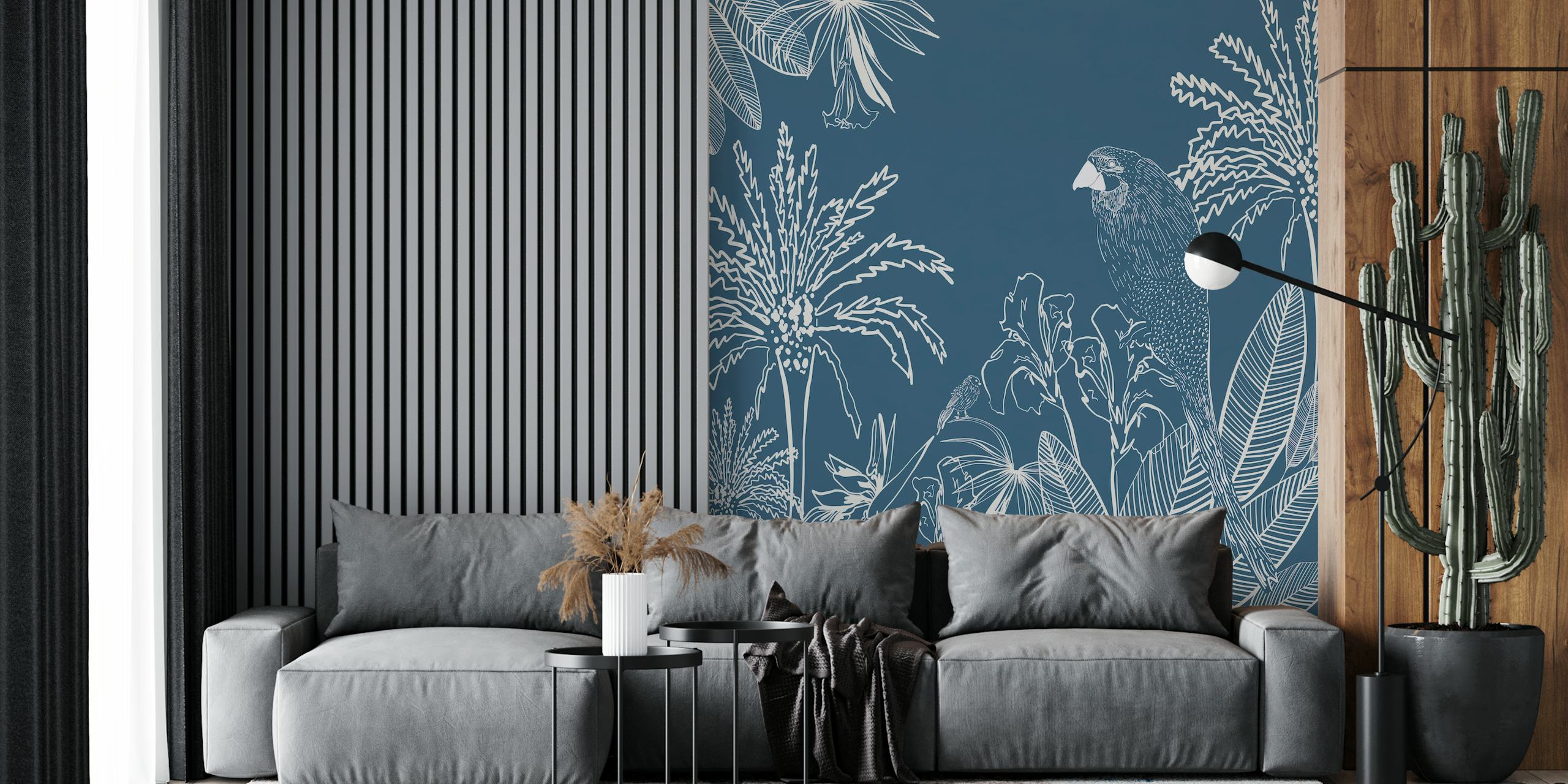 Tropisch Macaw-vogelsilhouet op donkerblauwe achtergrond met ingewikkelde botanische details.