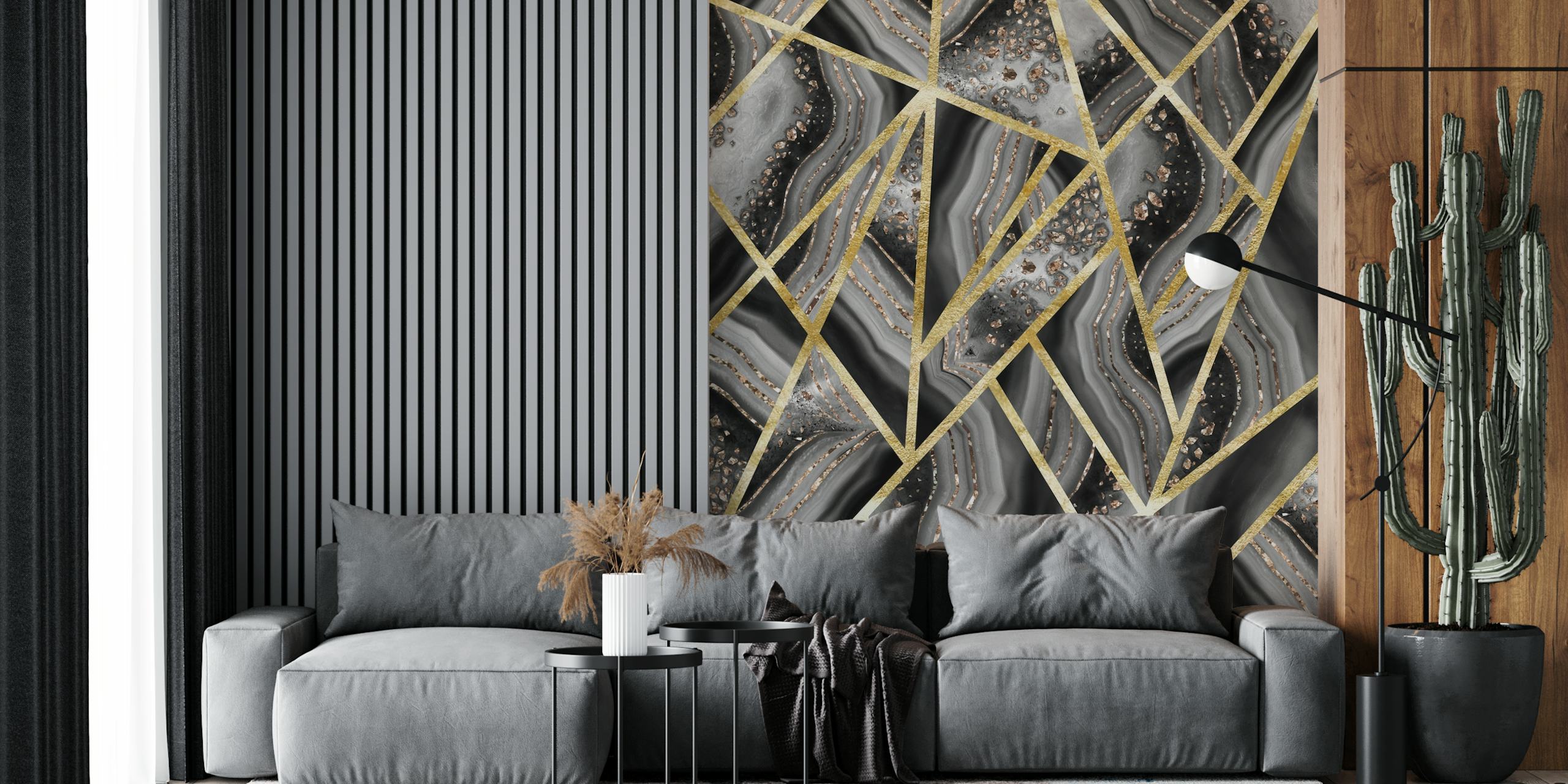 Luxurious wall mural featuring black agate stone pattern with gold lines and silver-grey veins.