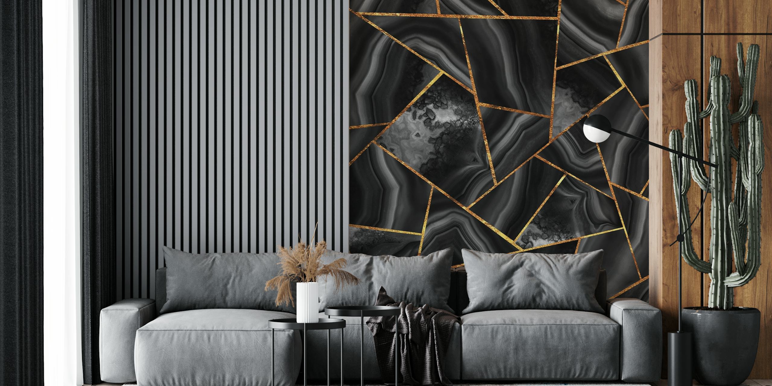 Geometric black and gold marble wallpaper with glossy patterns