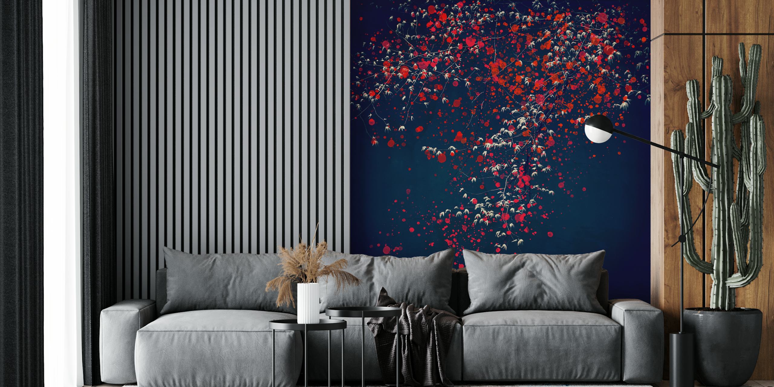Abstract wall mural of a tree with red and white blossoms against a dark blue background