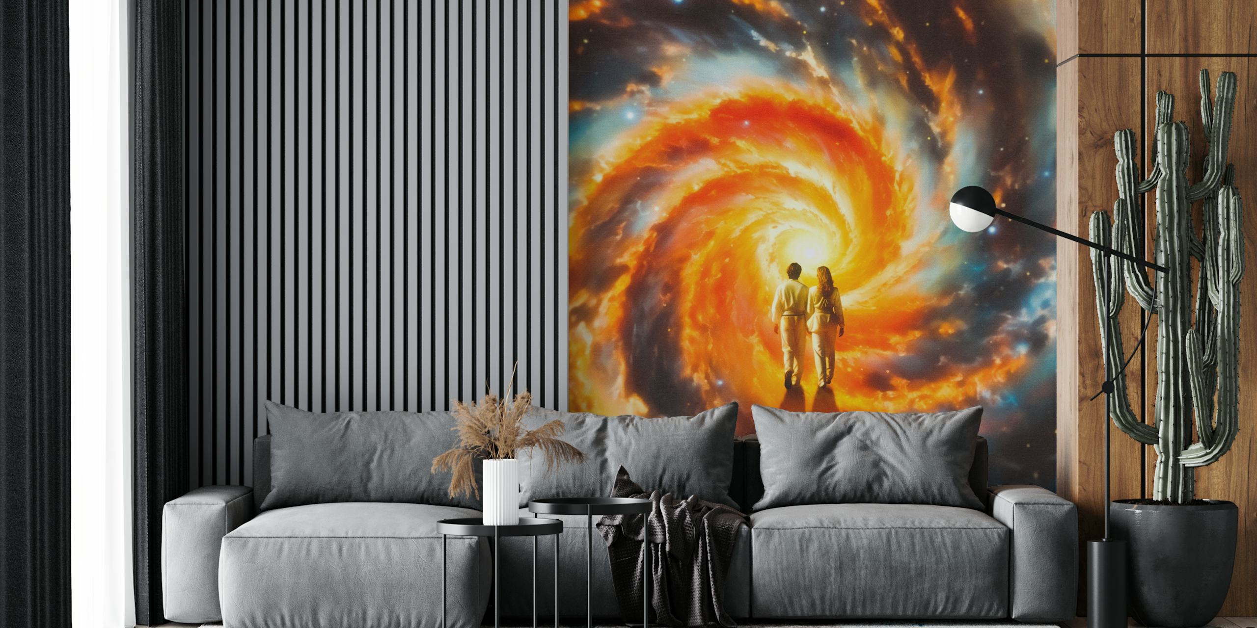 Fotomural de pared Una pareja cogidos de la mano contra un vibrante remolino de galaxias