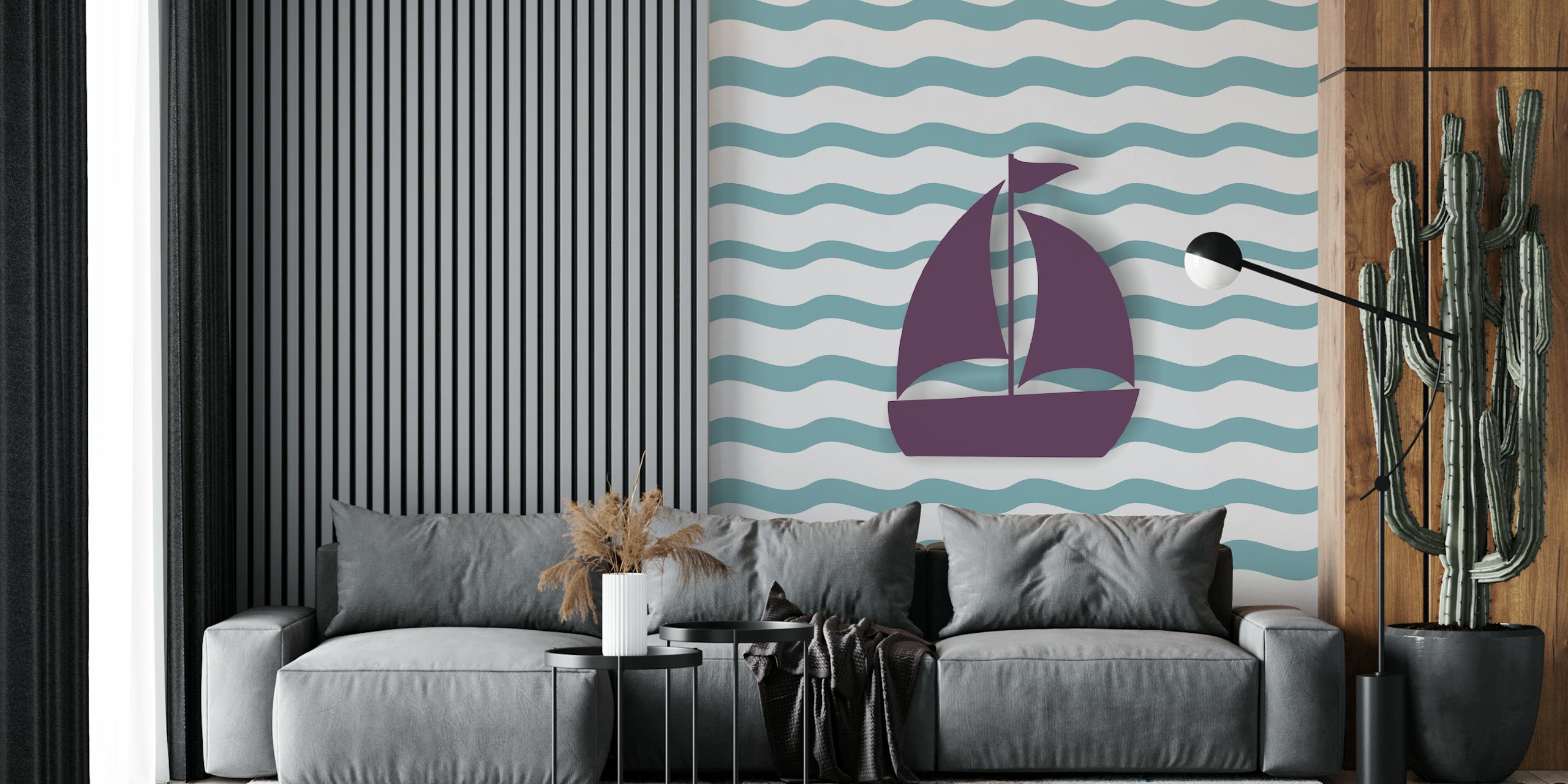 Een violette zeilboot op pastelblauwgroene golven muurschildering