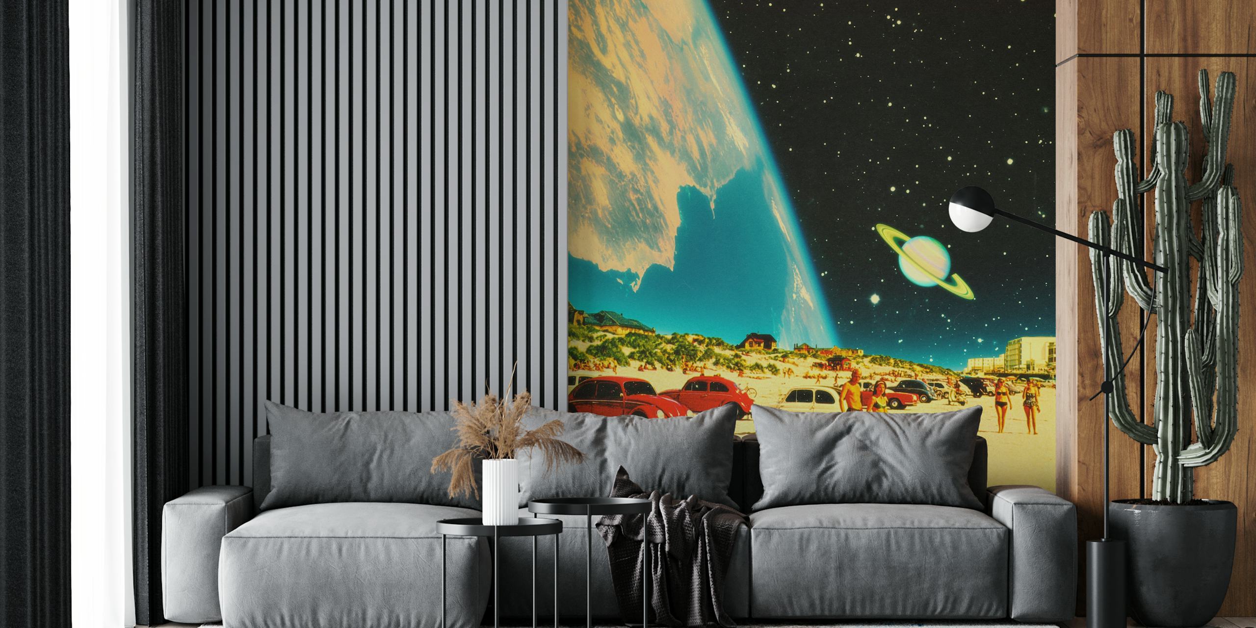 A surreal beach scene with vintage cars, sunbathers, and a cosmic sky with stars and a planet.