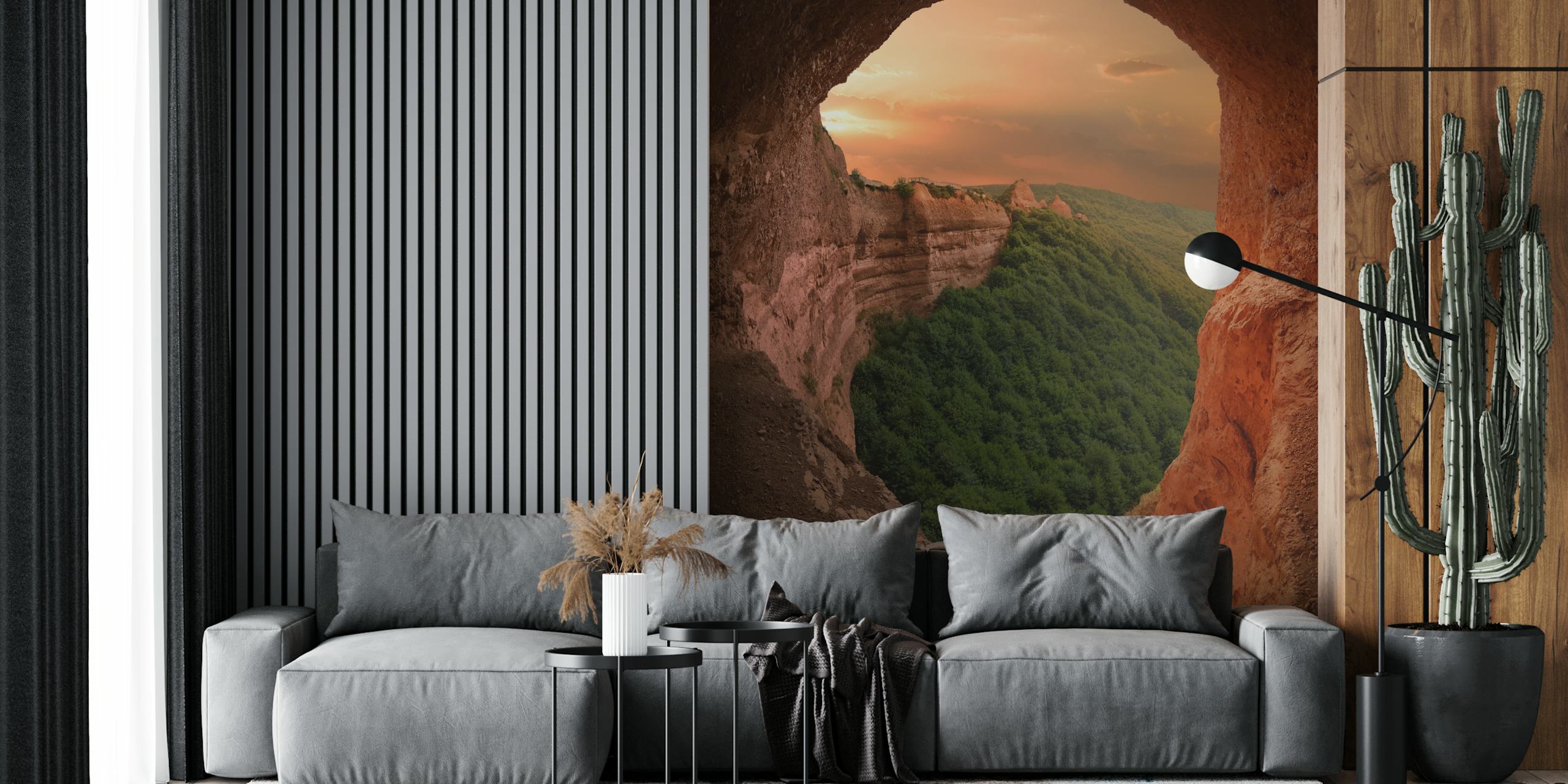 Cave view with green hillside and orange sunset landscape wallpaper