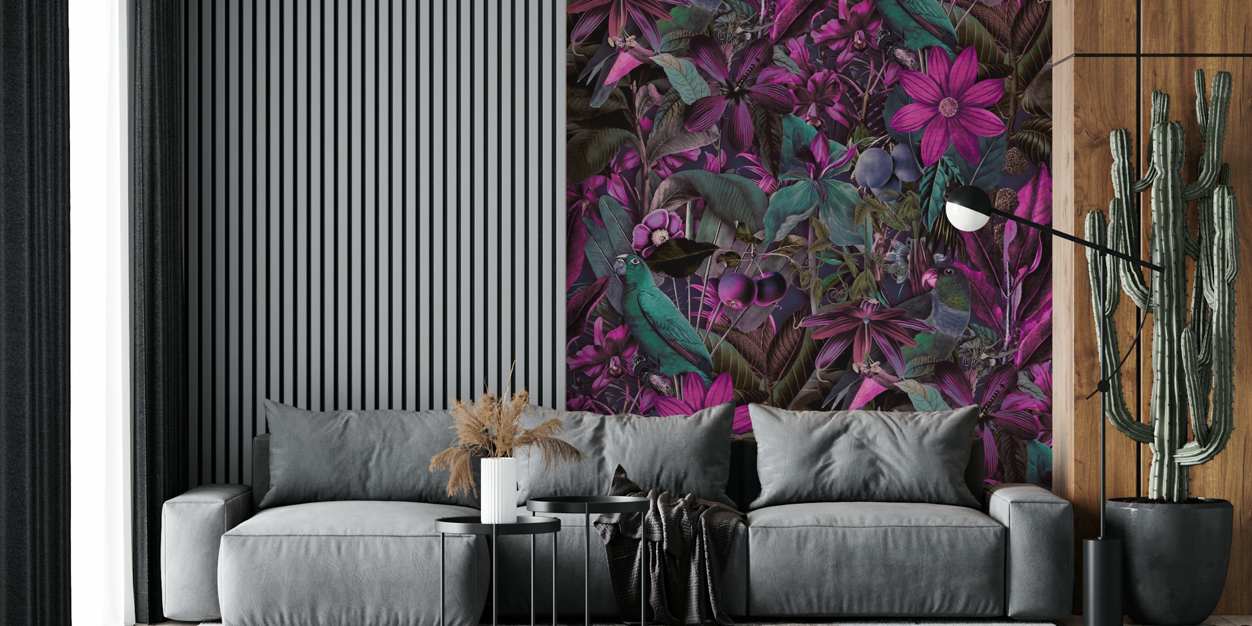 Tropical Serenade Opulent Jungle Flora mural with vibrant birds amid turquoise and fuchsia foliage.