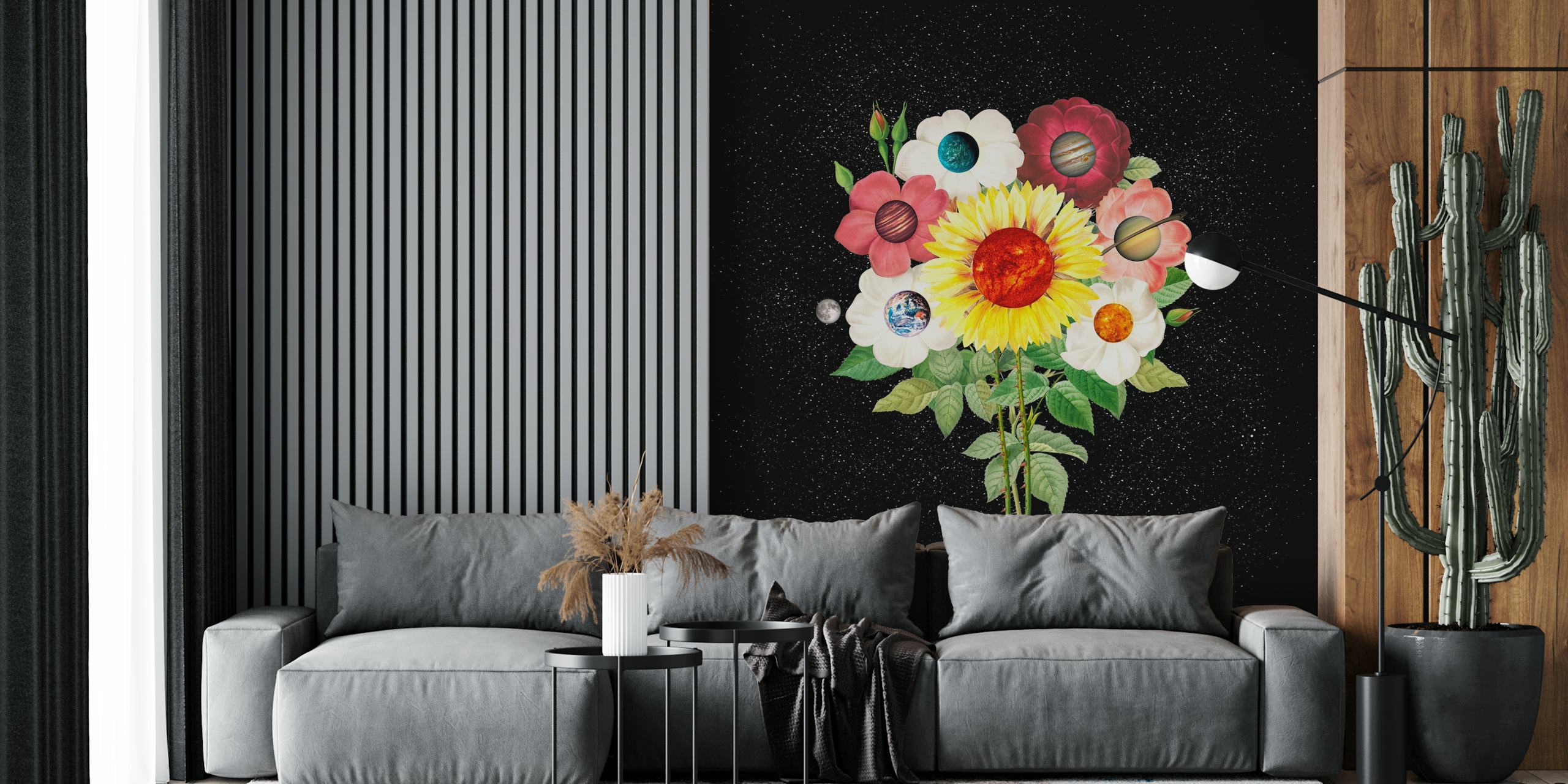 Sunflower and planet floral design on a black background wallpaper