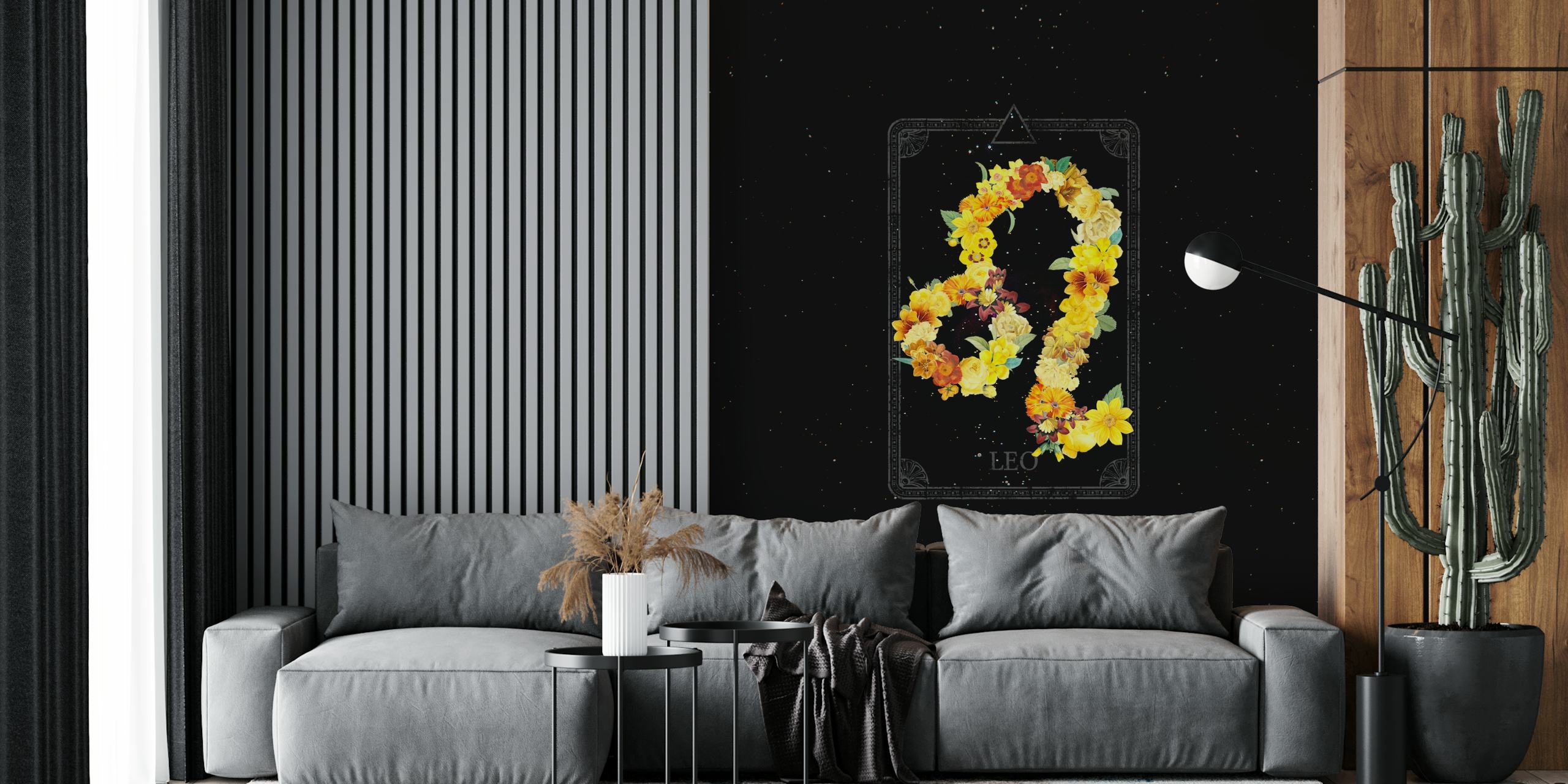 Leo zodiac sign floral arrangement wall mural on a dark background