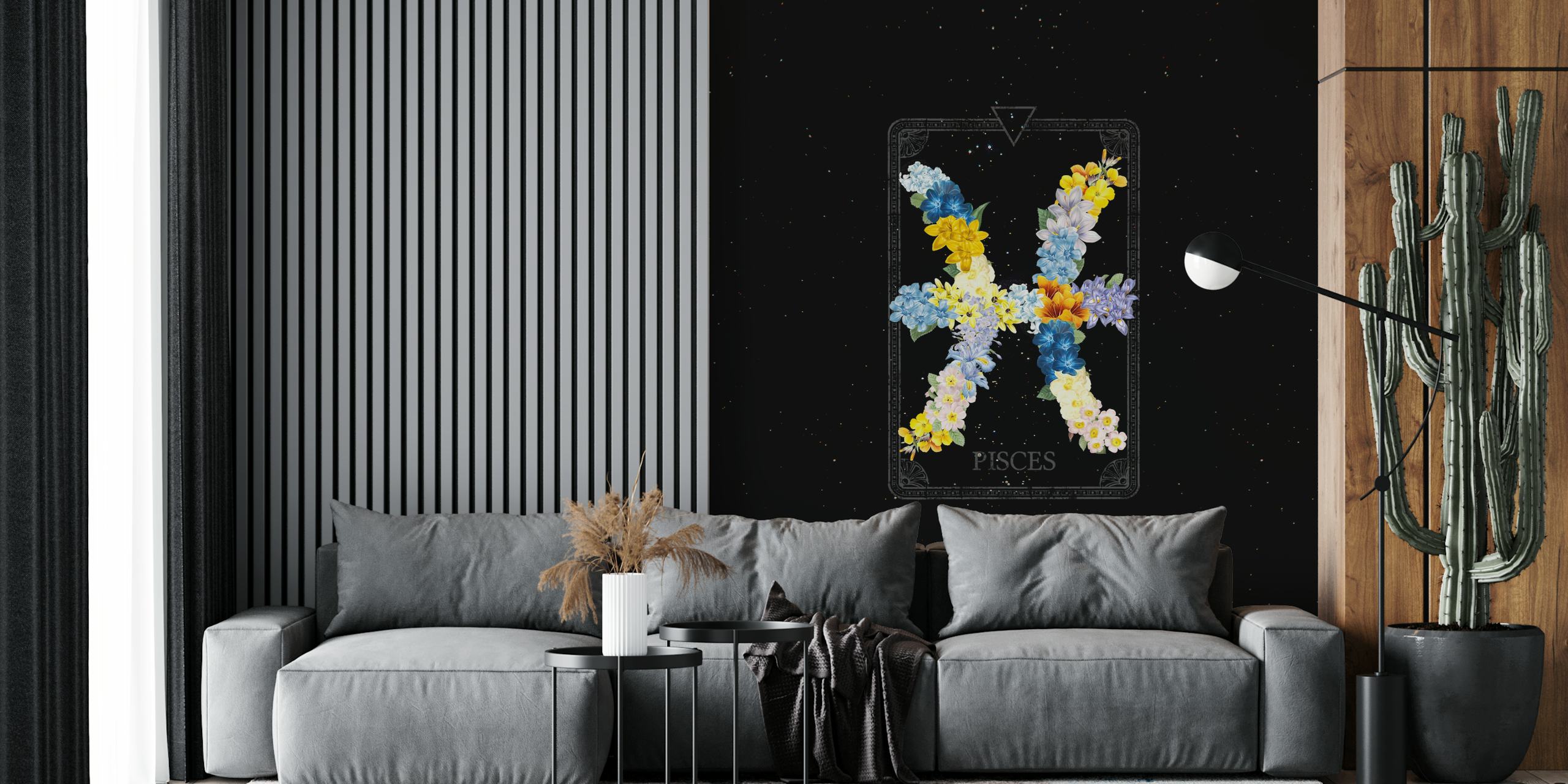 Pisces zodiac sign floral pattern wall mural against a starry night backdrop