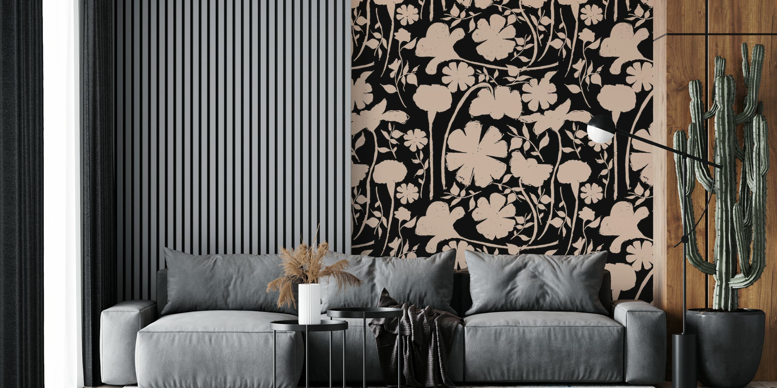 Floral motifs in soft mocha on black background wallpaper