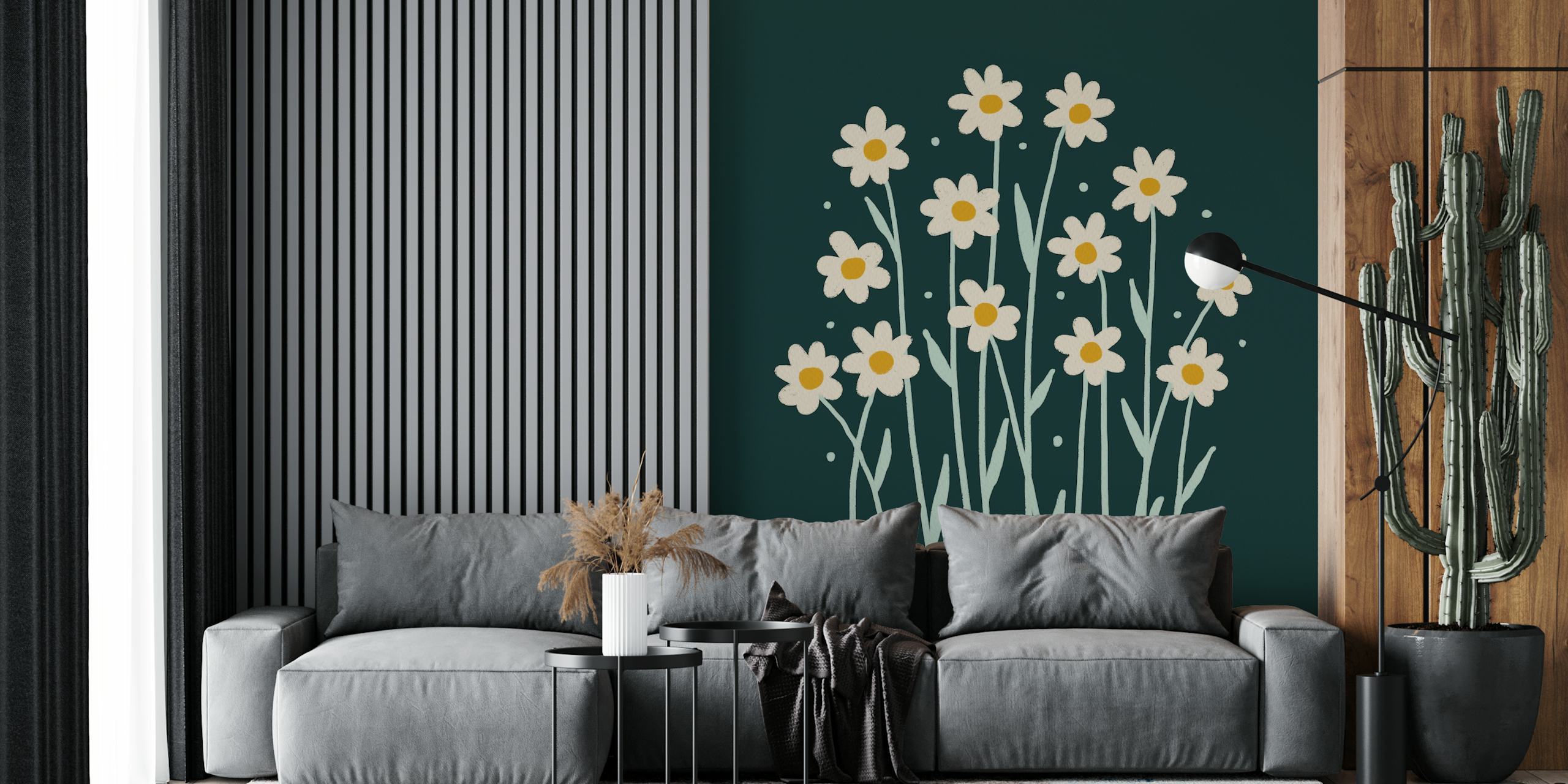 White daisies with yellow centers on dark green background wallpaper
