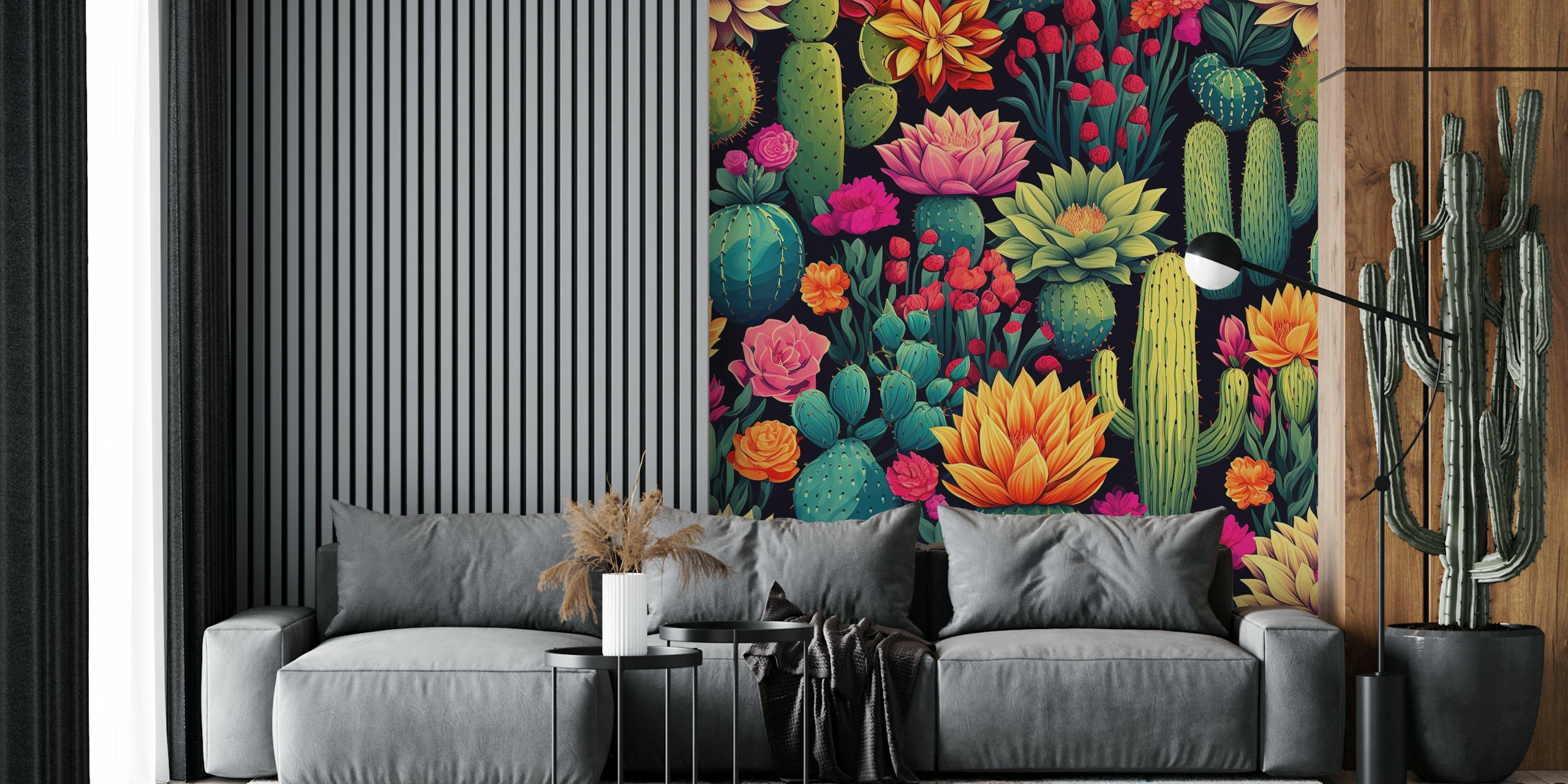 Colorful cacti and flowers wallpaper design