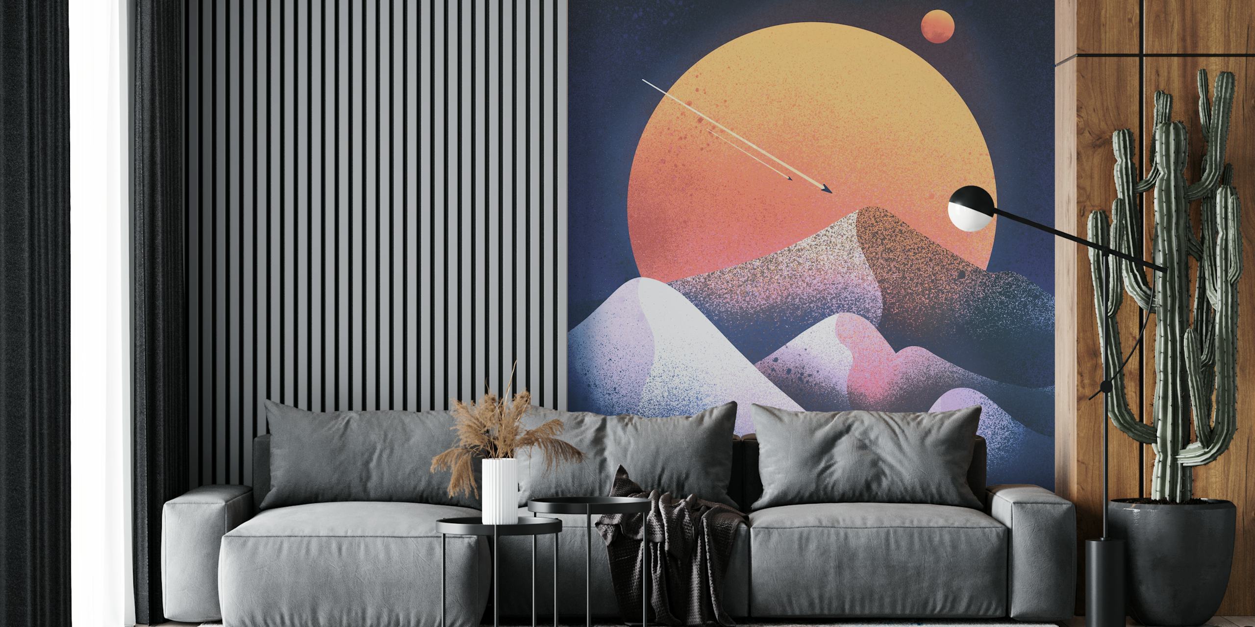 Abstract mountains with blue gradients and orange sun wallpaper