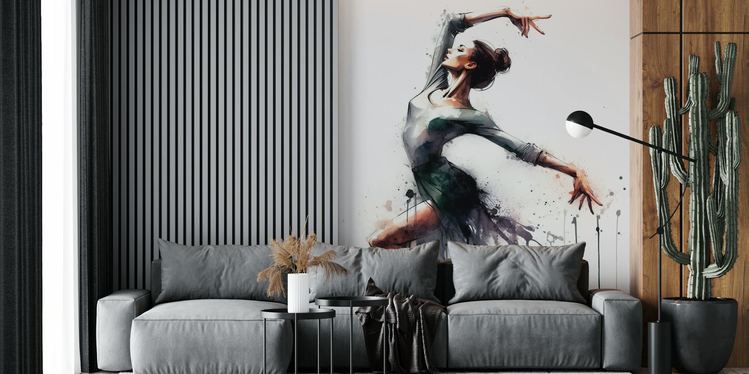 Artistic watercolor wall mural of a ballet dancer in motion