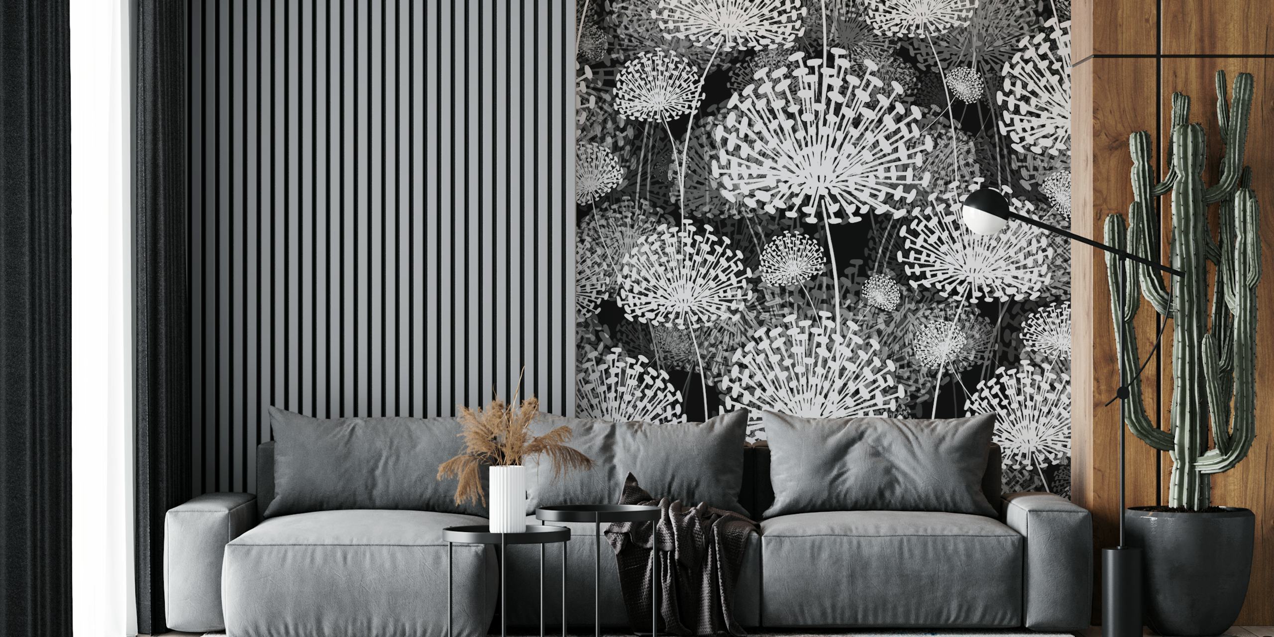 Carta da parati Dandelions in bianco e nero in una stanza