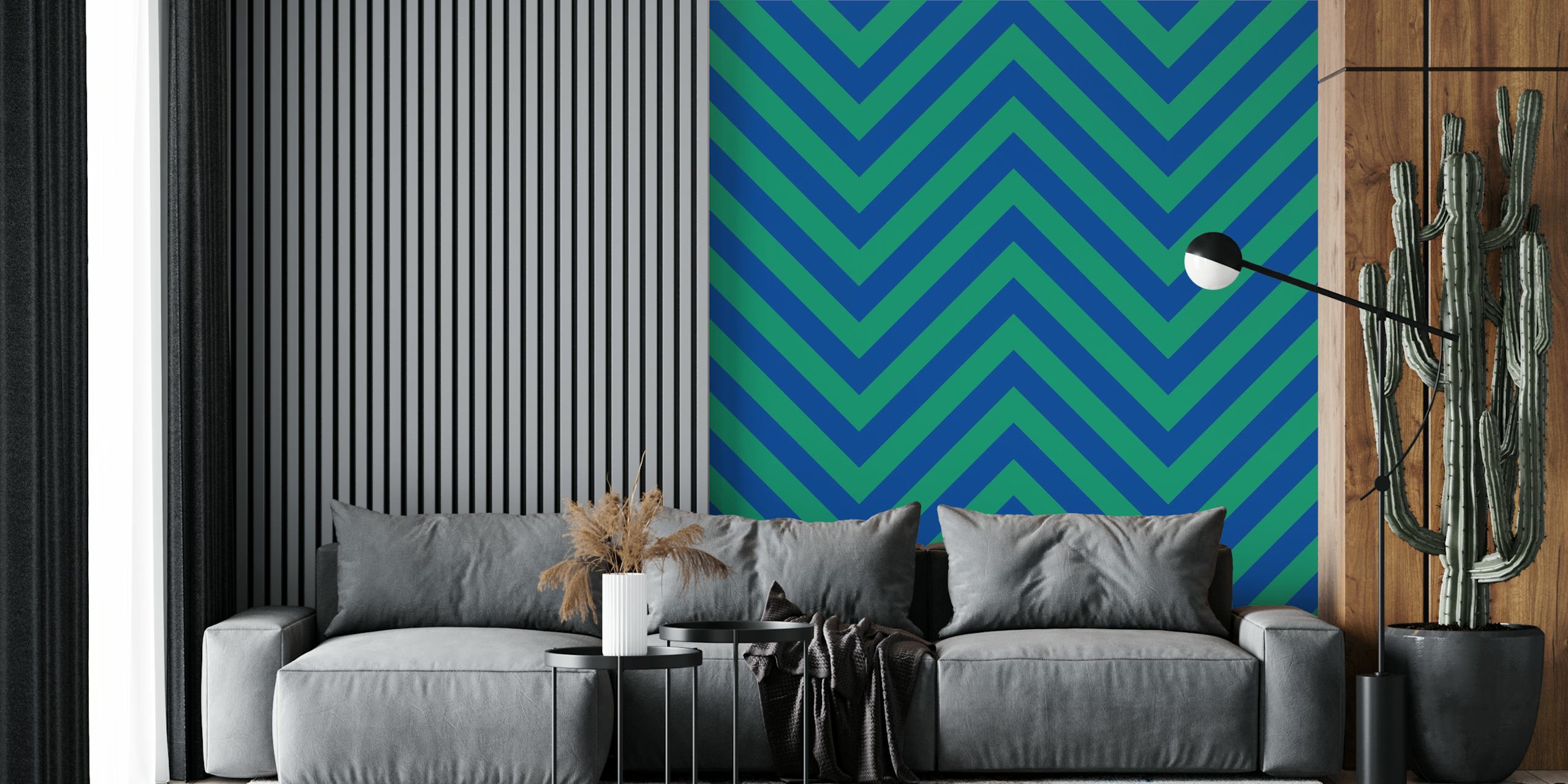 Chevron pattern in navy blue and moss green wallpaper