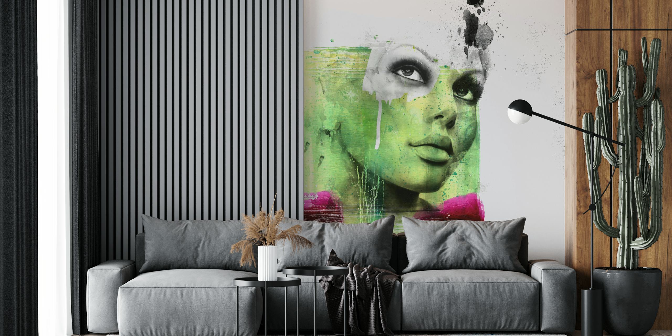 Green Flash Female Portrait wall mural with abstract design and vivid colors