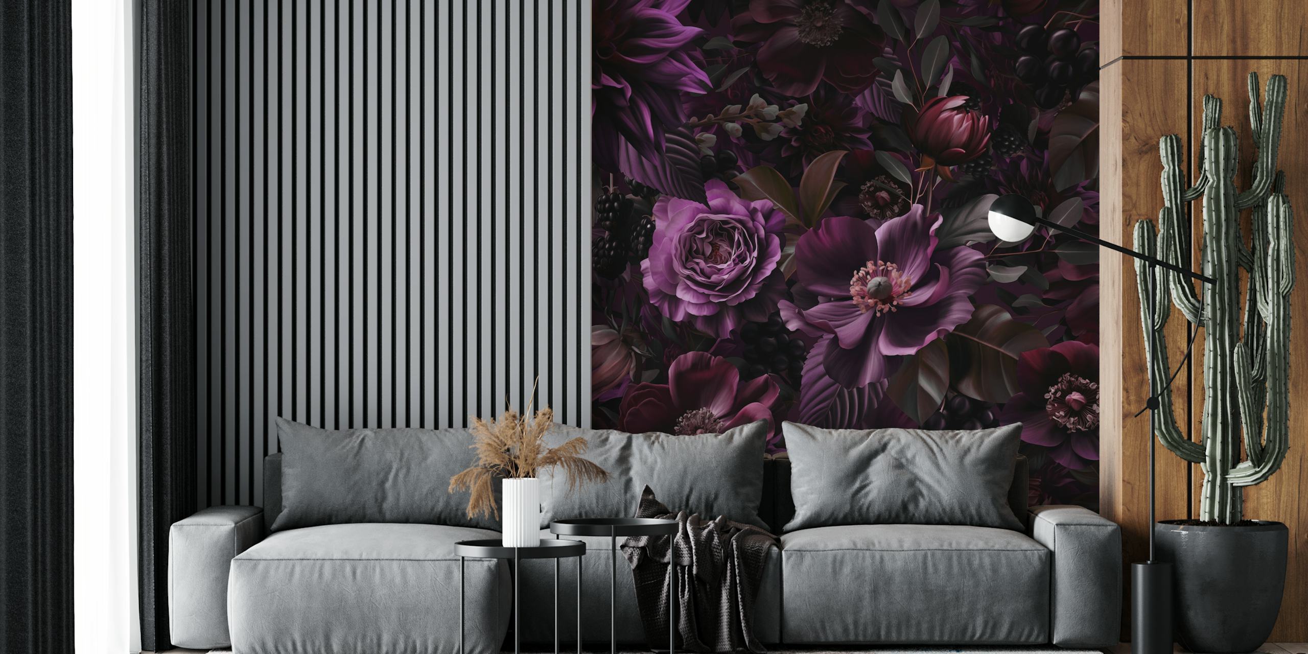 Mural de parede opulento com flores barrocas em roxo malva com florais exuberantes em tons de roxo escuro em happywall.com