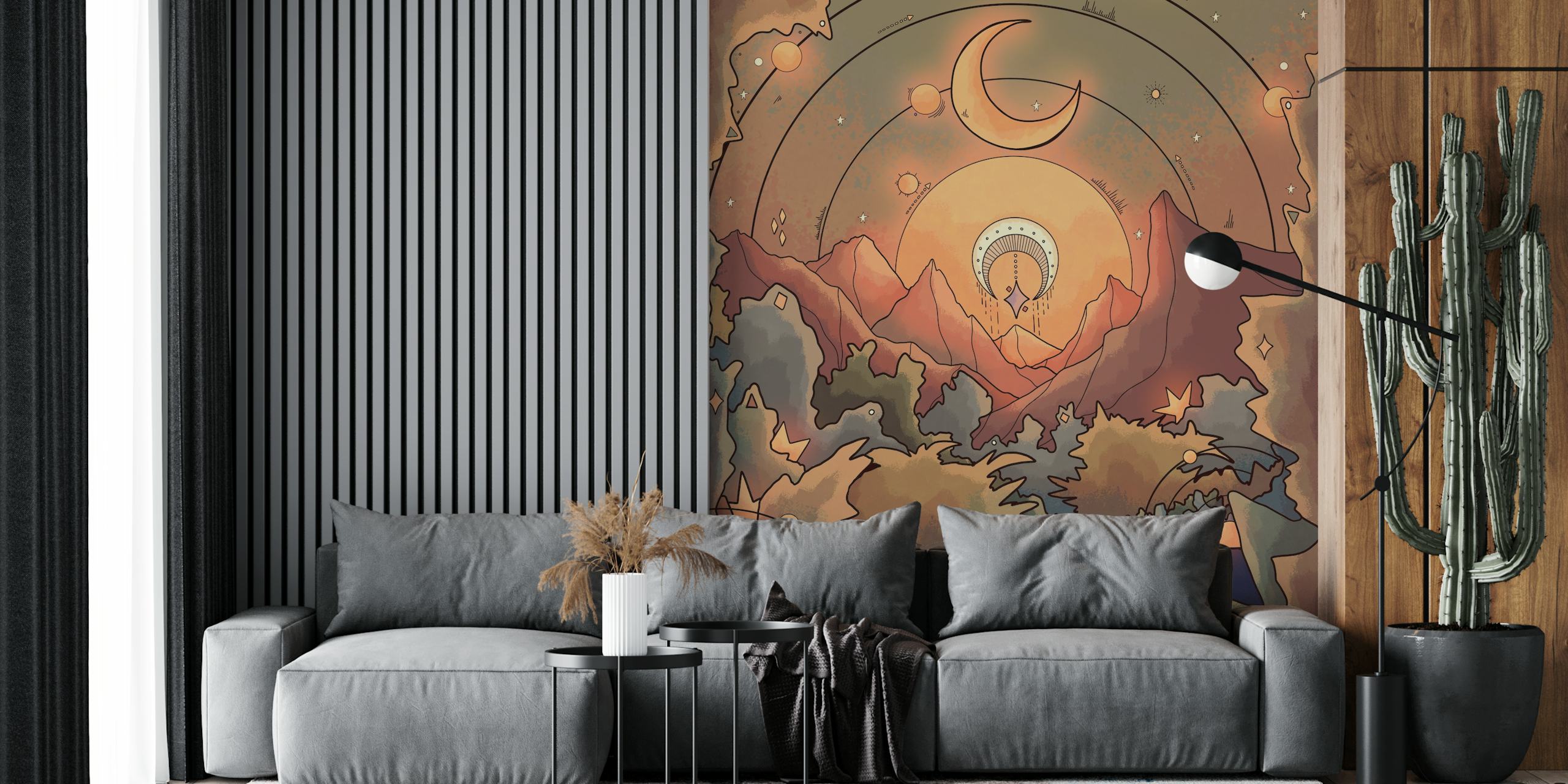 Enchanted forest wall mural with stars, crescent moon, and hot air balloon