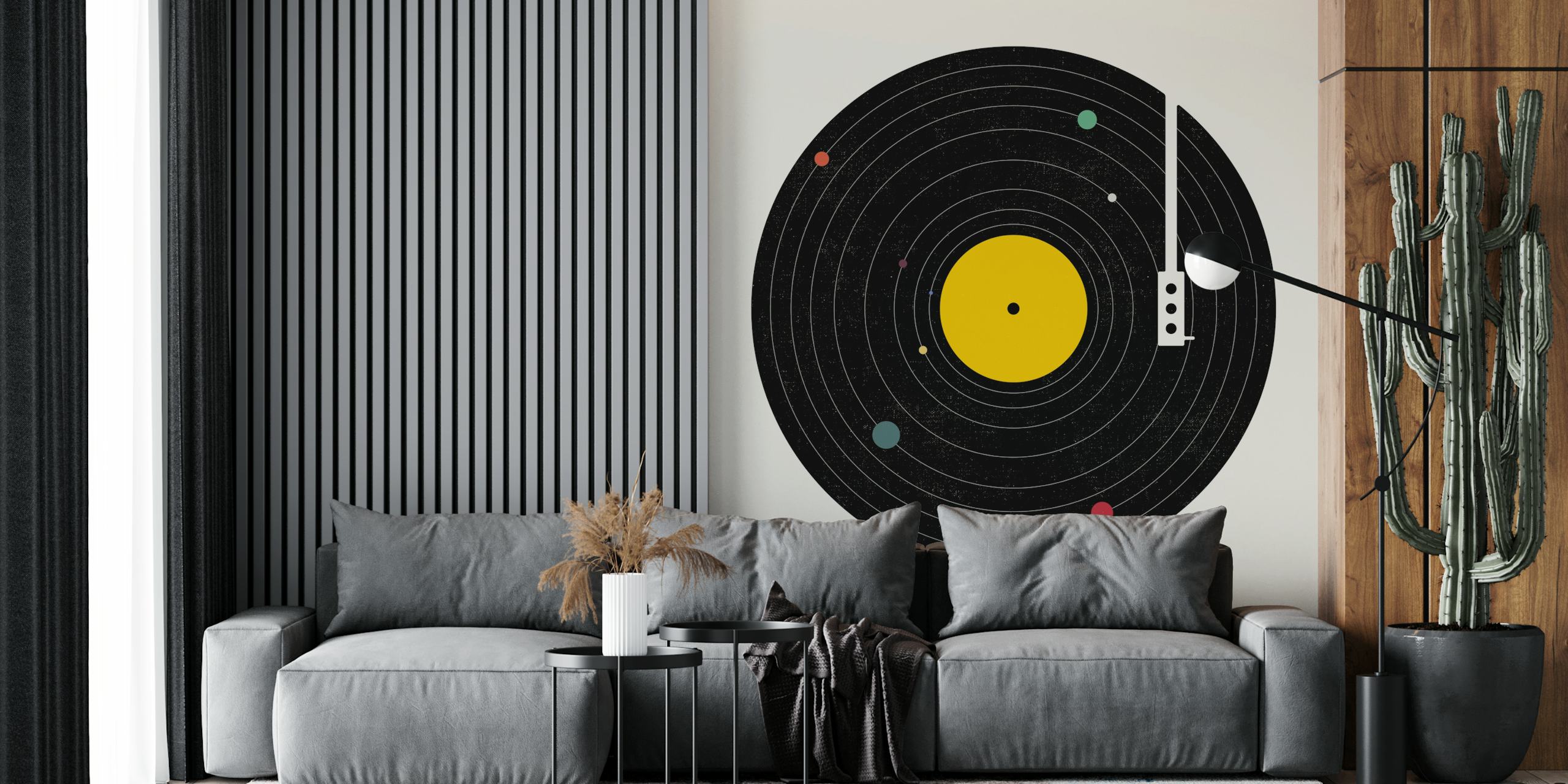 Vinyl record design with black grooves, yellow center, and colorful dots wallpaper