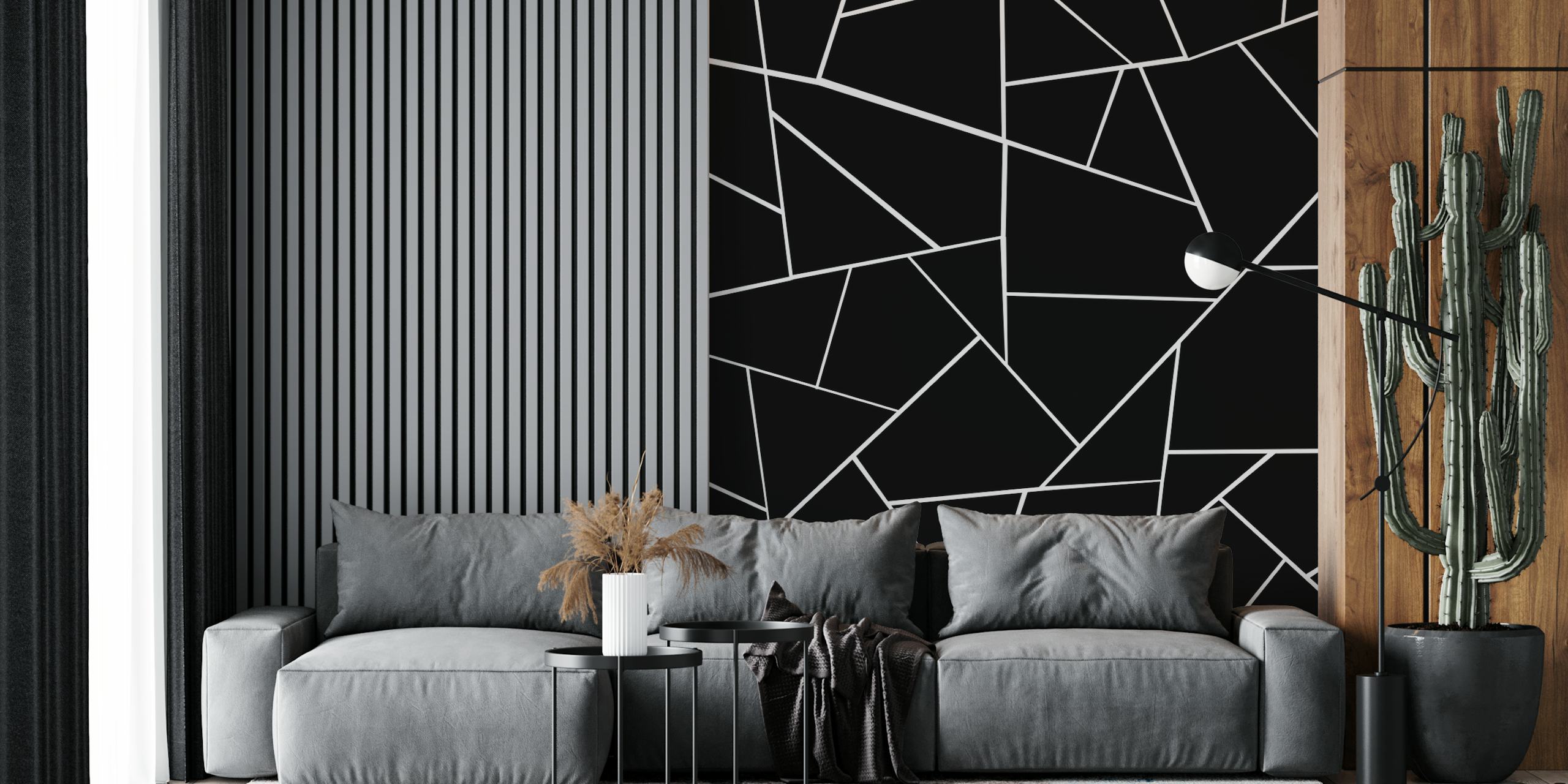 Black and white geometric pattern wall mural with sharp lines and angles creating a modern look.