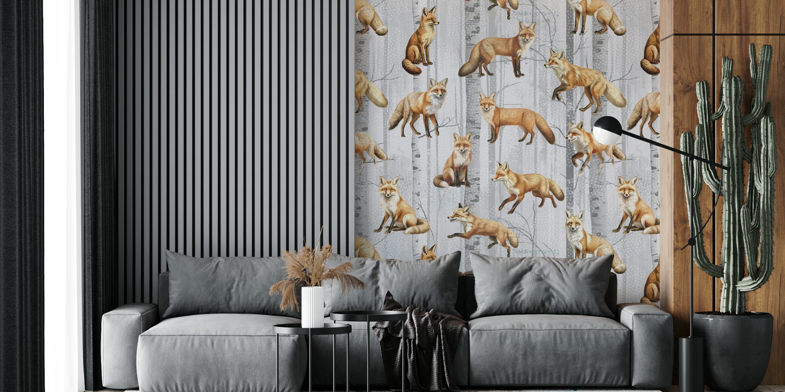 Various foxes in a forest setting with birch trees wallpaper