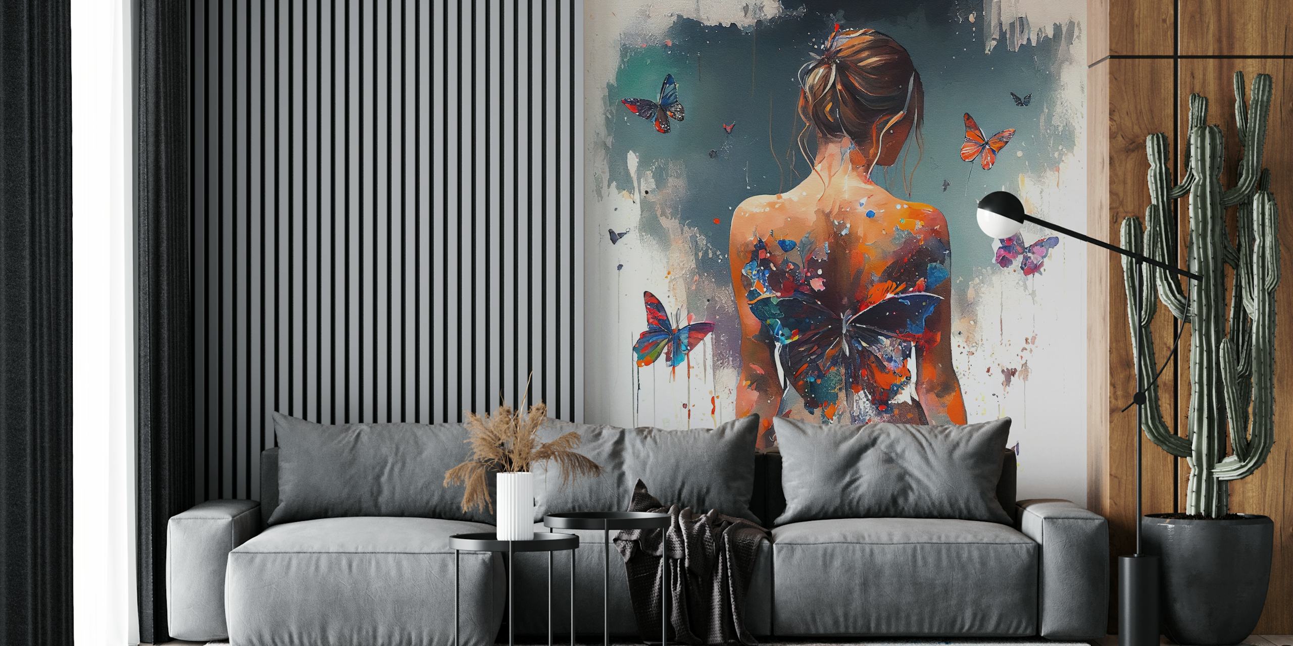 Powerful butterfly woman body wallpaper in a room