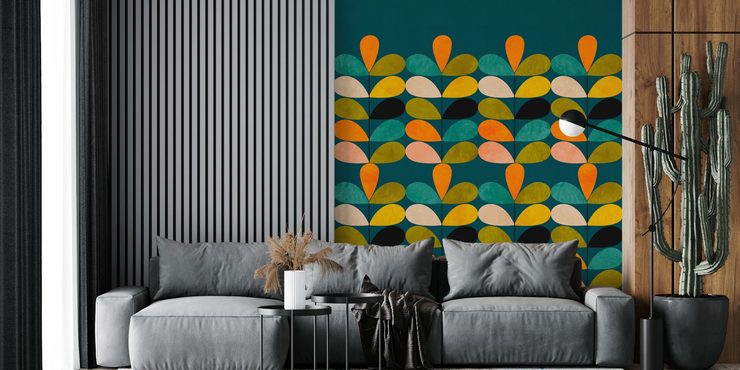 Mid mod colorful leaves on teal in un ambiente di stanza