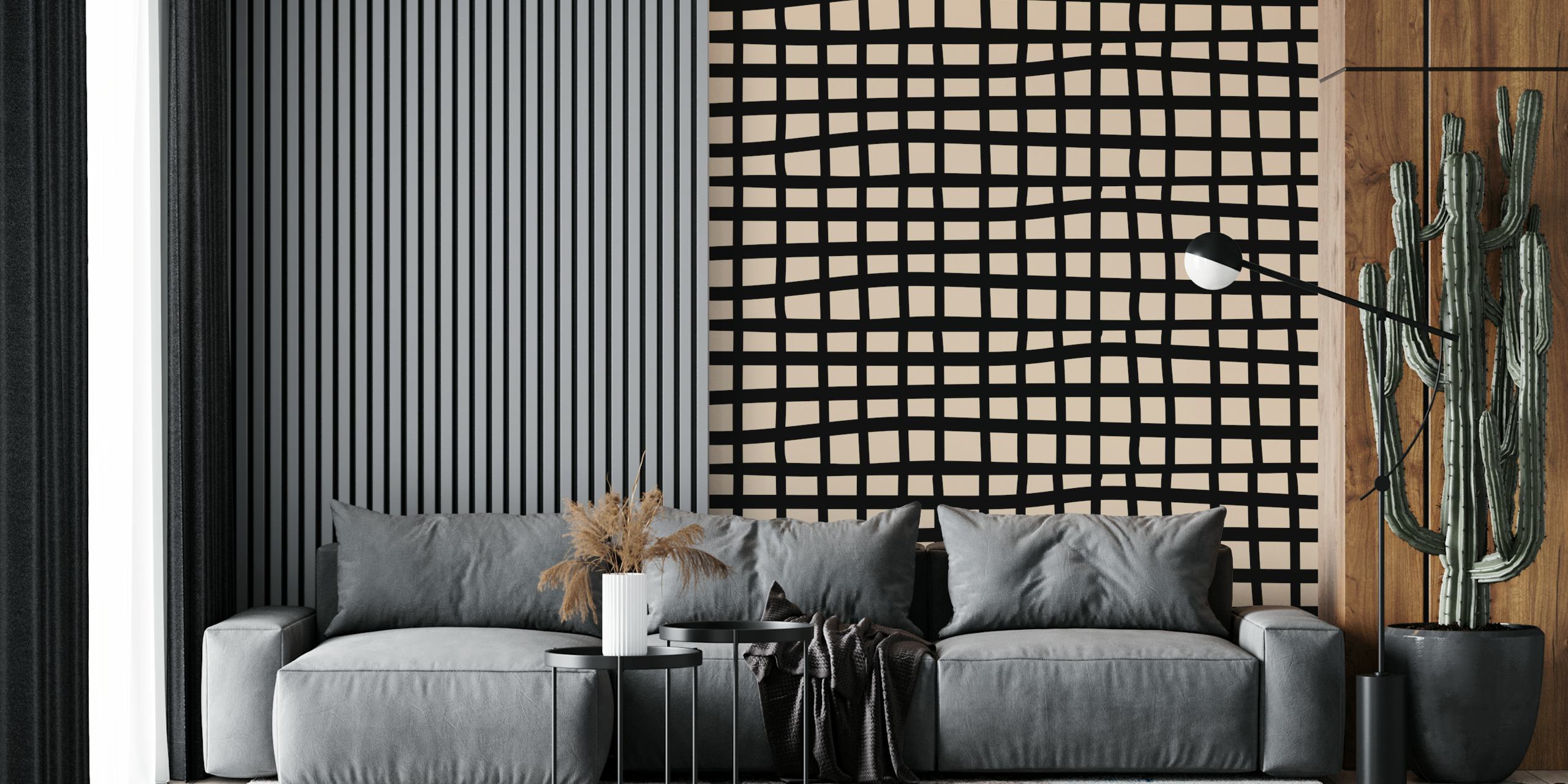 Abstract cream and black geometric wallpaper in a room