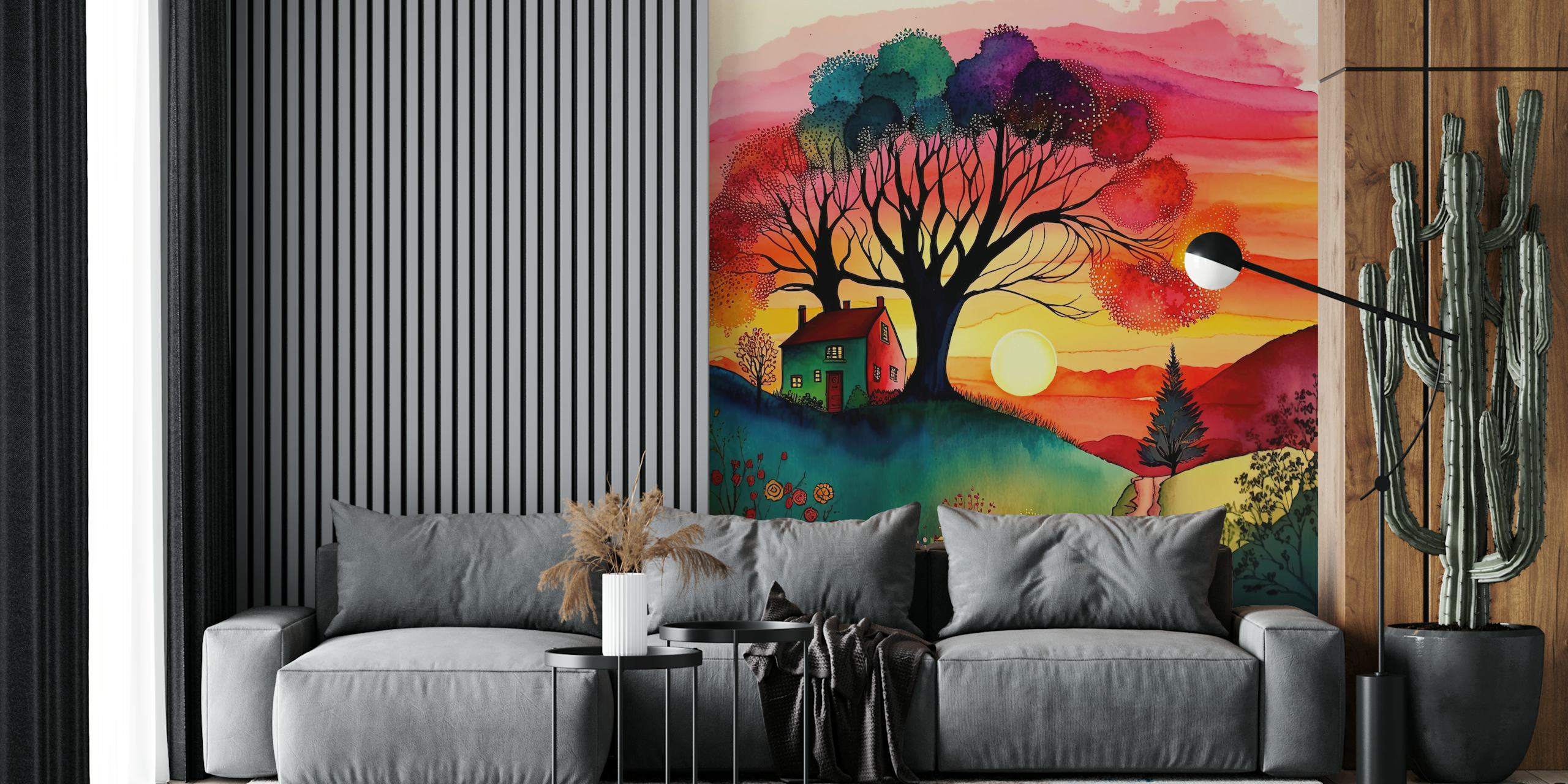 Farverigt akvarel-folkekunst-vægmaleri, der viser en solnedgang, et træ og et hus på landet
