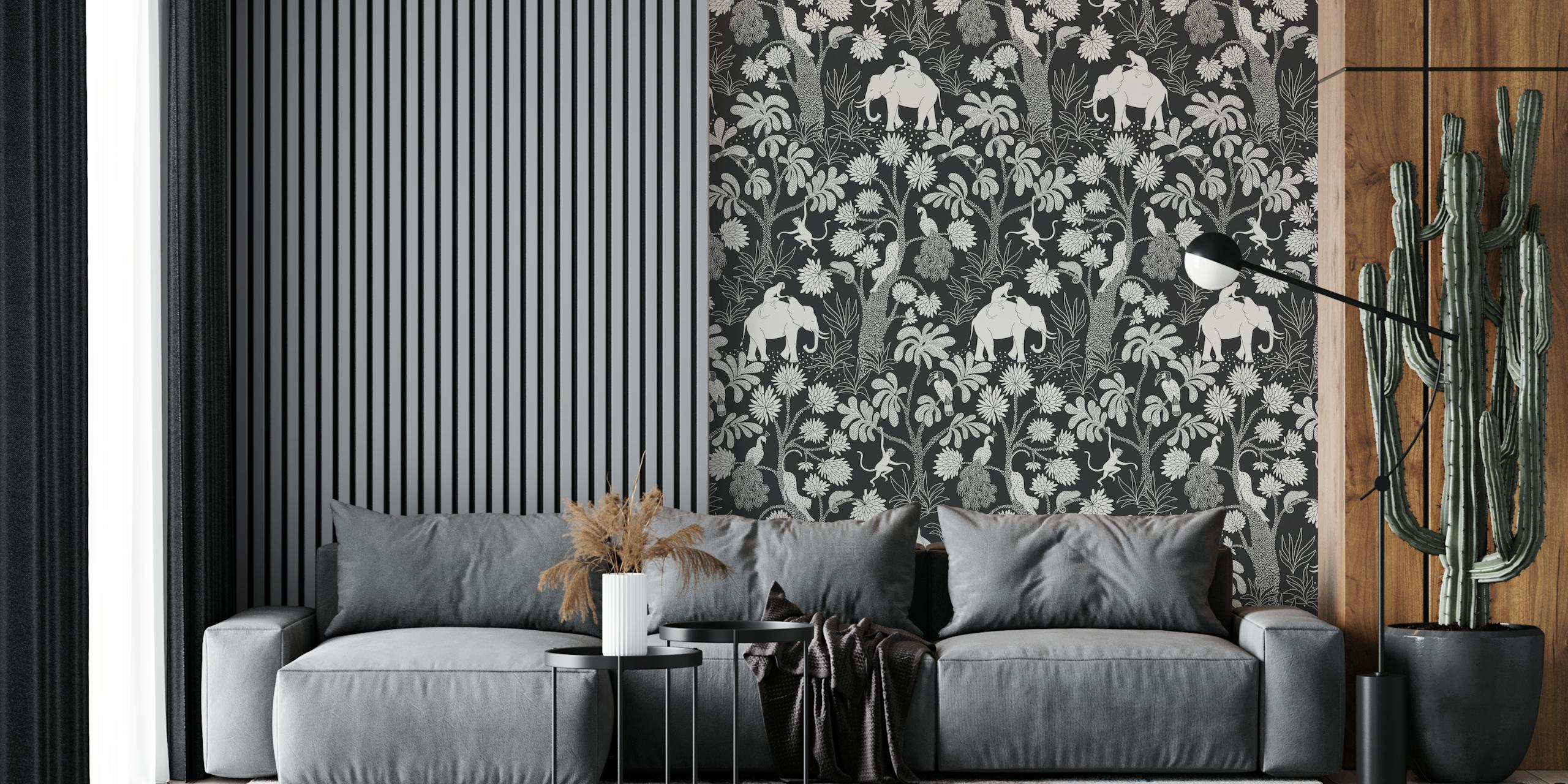 Elephant jungle wallpaper with black background and cream foliage