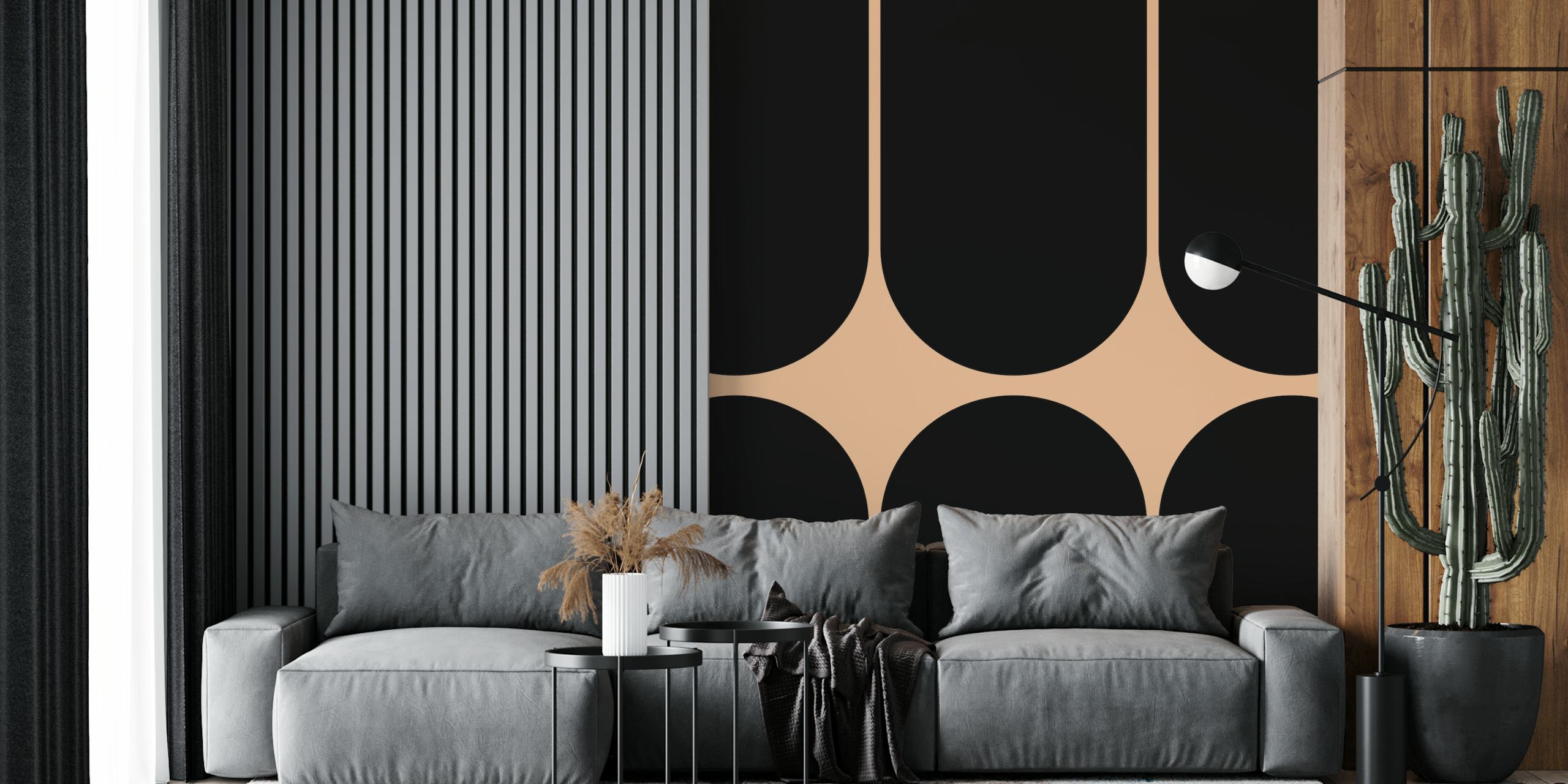 Mid-Century Modern Geometric Shapes Wall Mural in Black and Beige
