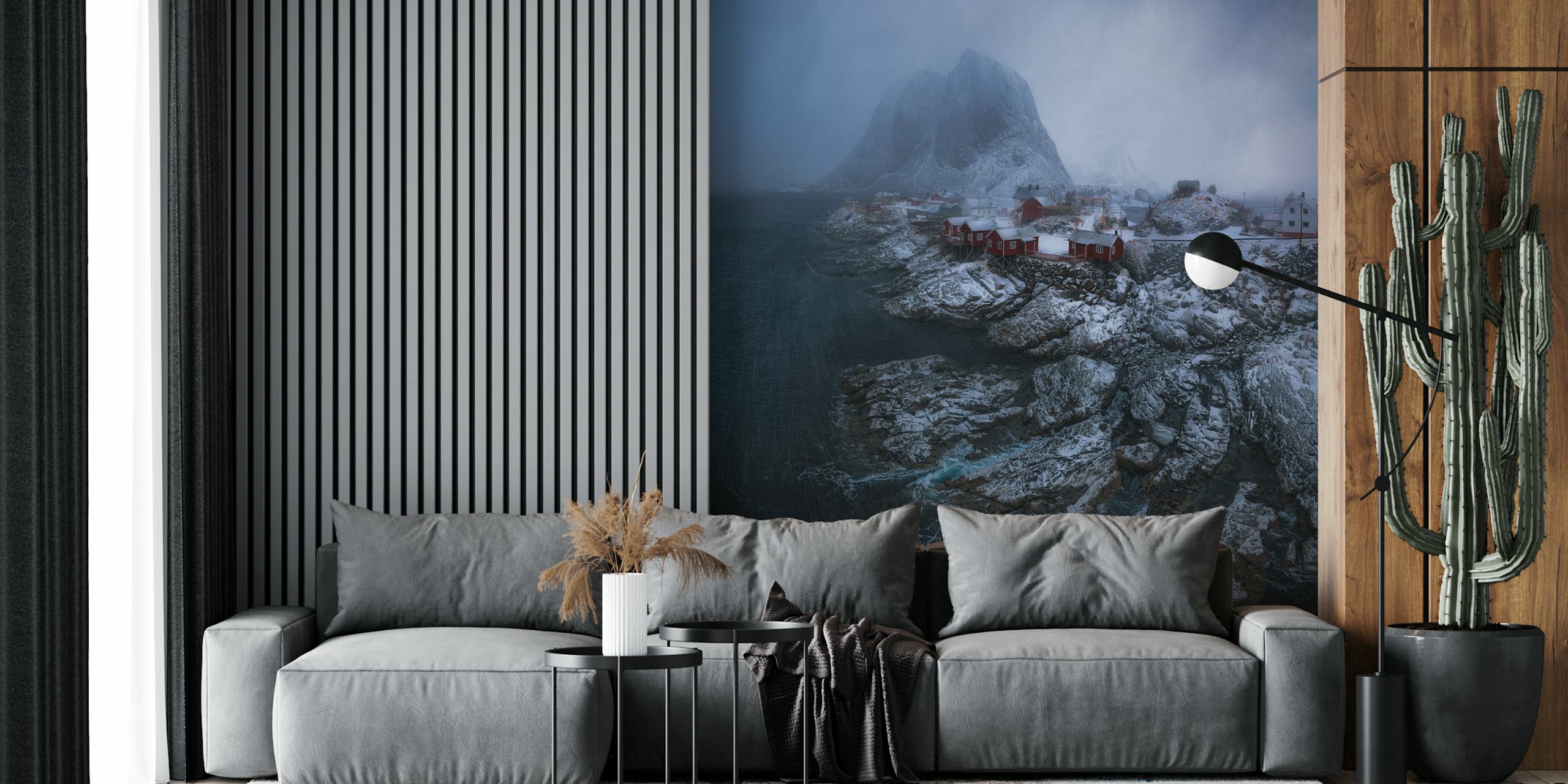 Stormy coastline with mountains and red cabins wallpaper