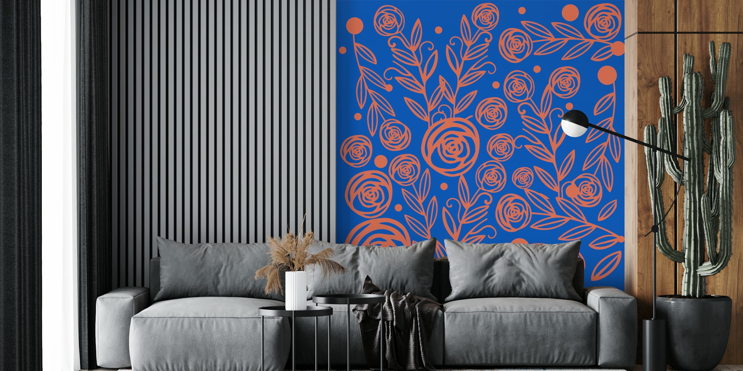 Hand-drawn rose garden wall mural with warm tones on blue background