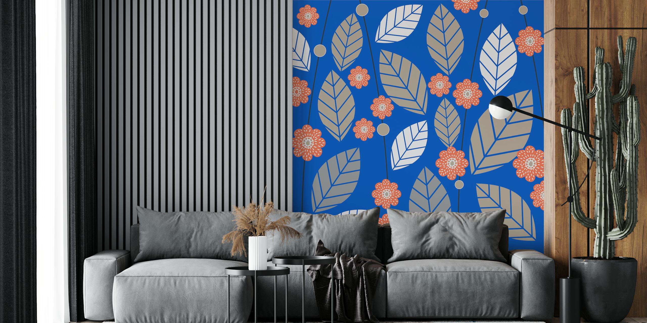 Navy blue flower leaves pattern carta da parati in camera