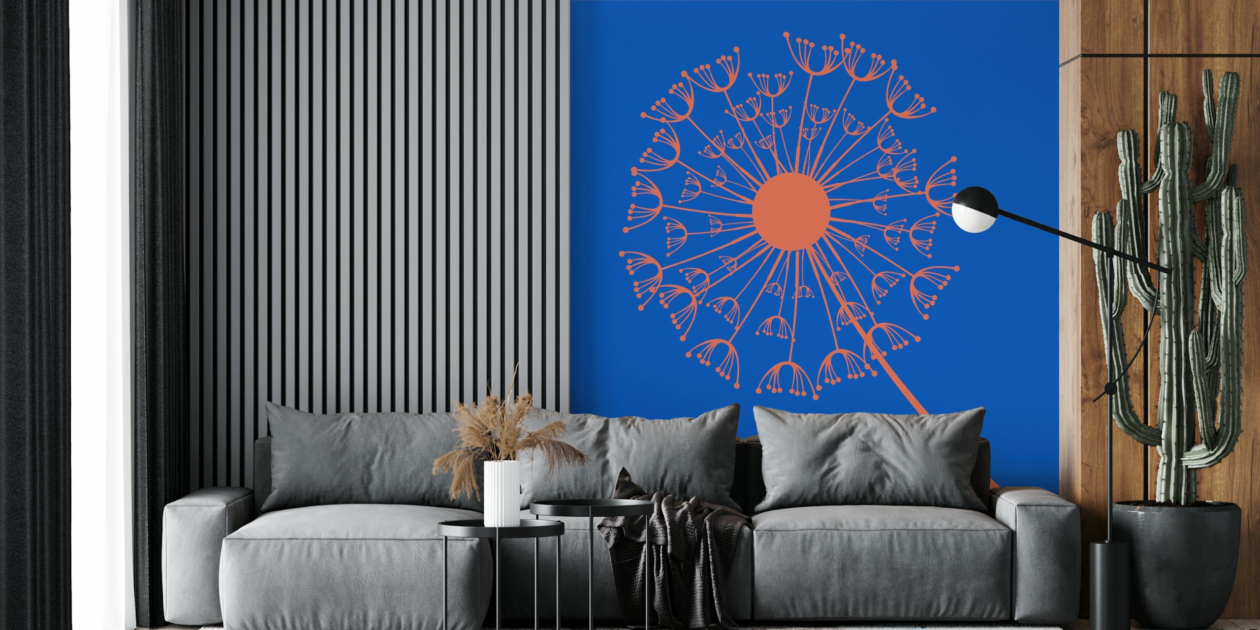 Azure blue orange dandelion wallpaper in a room