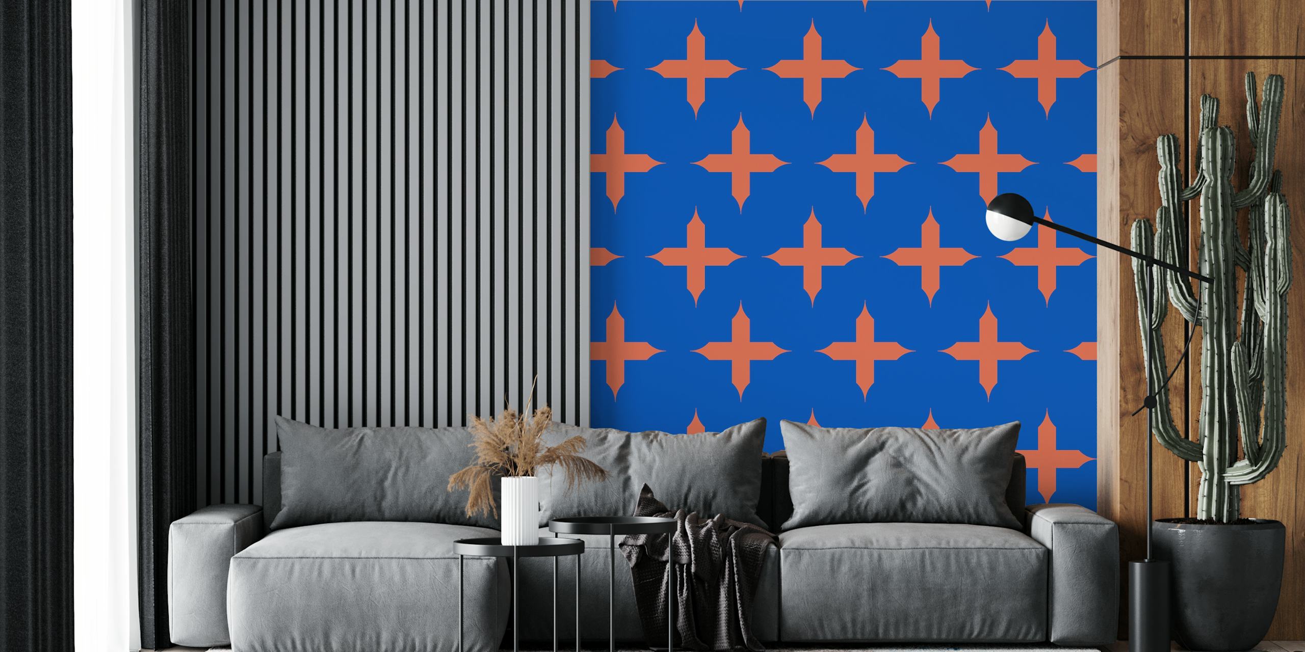 Geometric cross pattern in azure blue and orange wallpaper