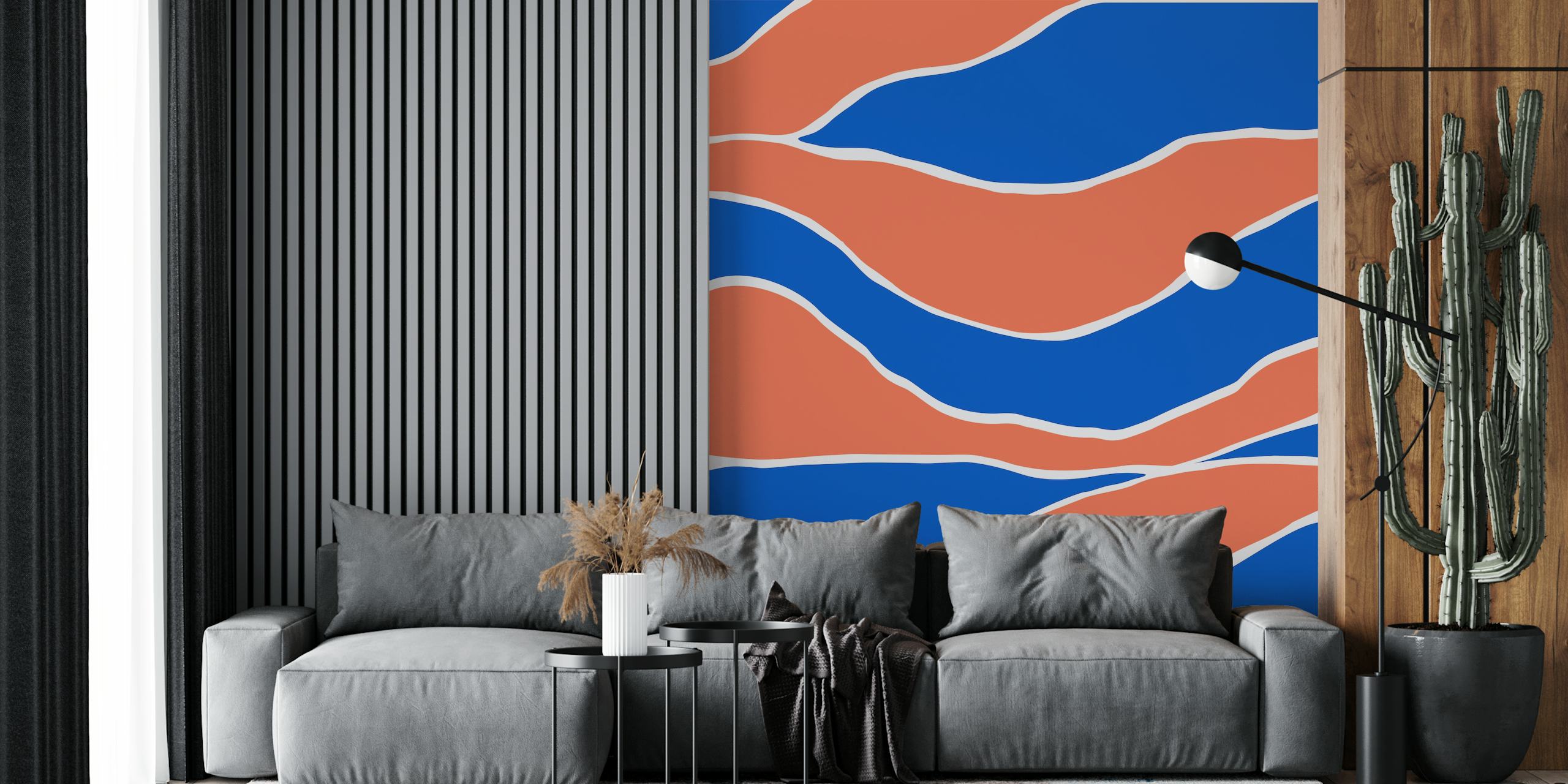 Abstract wallpaper featuring navy blue and coral wavy lines