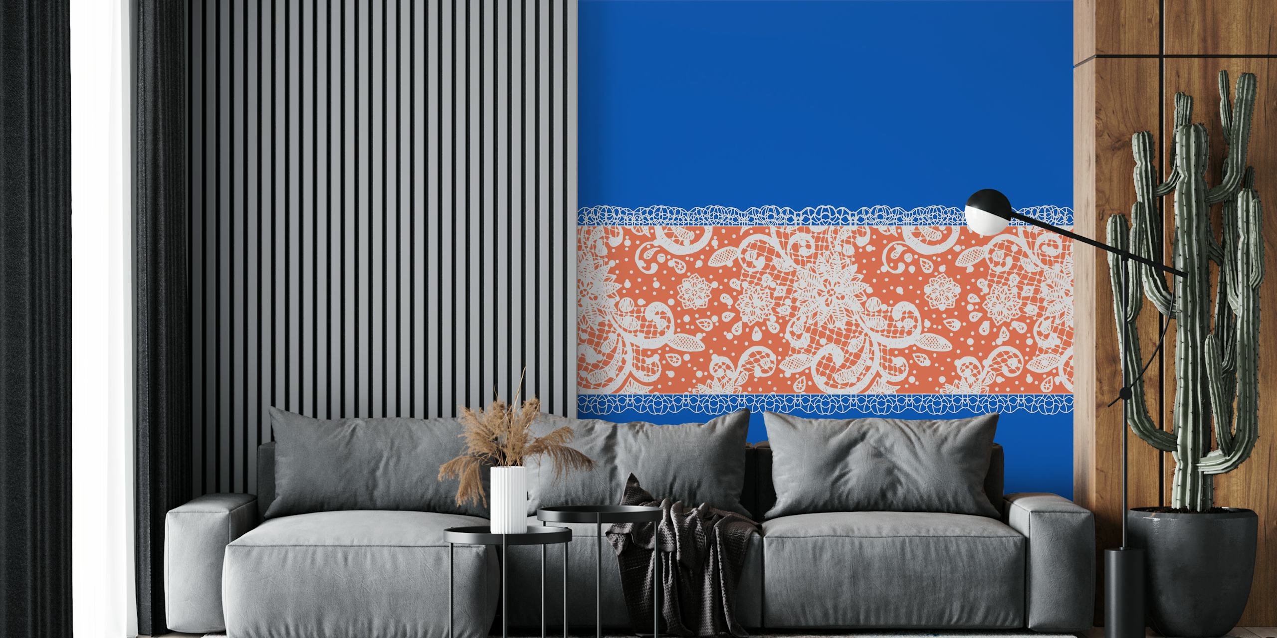 Blue white orange lace tapetti huoneessa