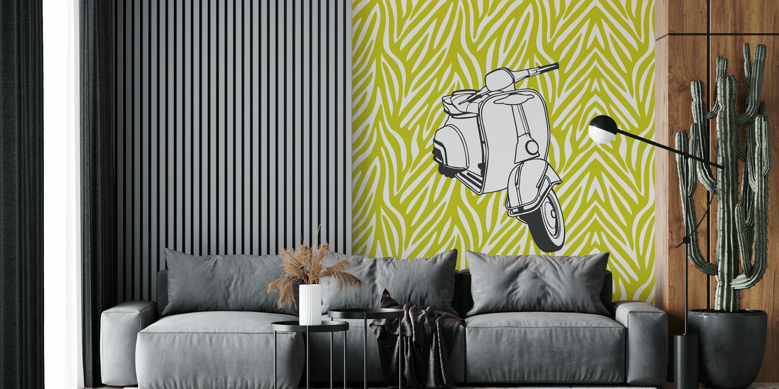 Papel de parede com estampa animal verde limão e gráfico Vespa