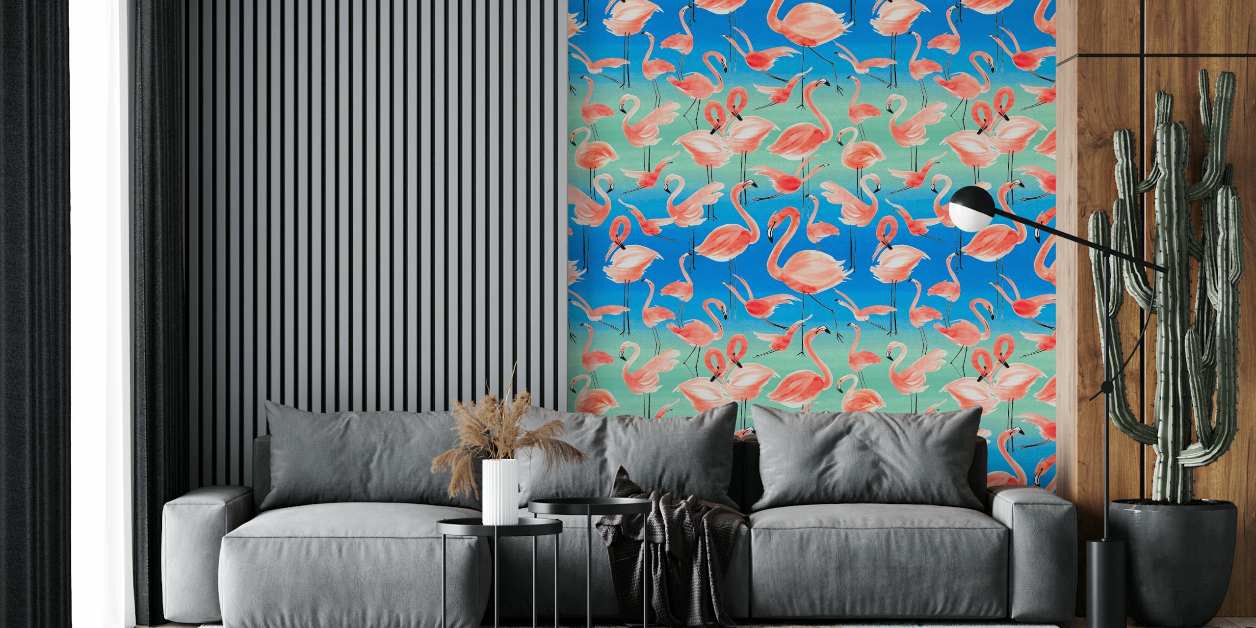 Watercolor pink flamingos on blue and green background wallpaper