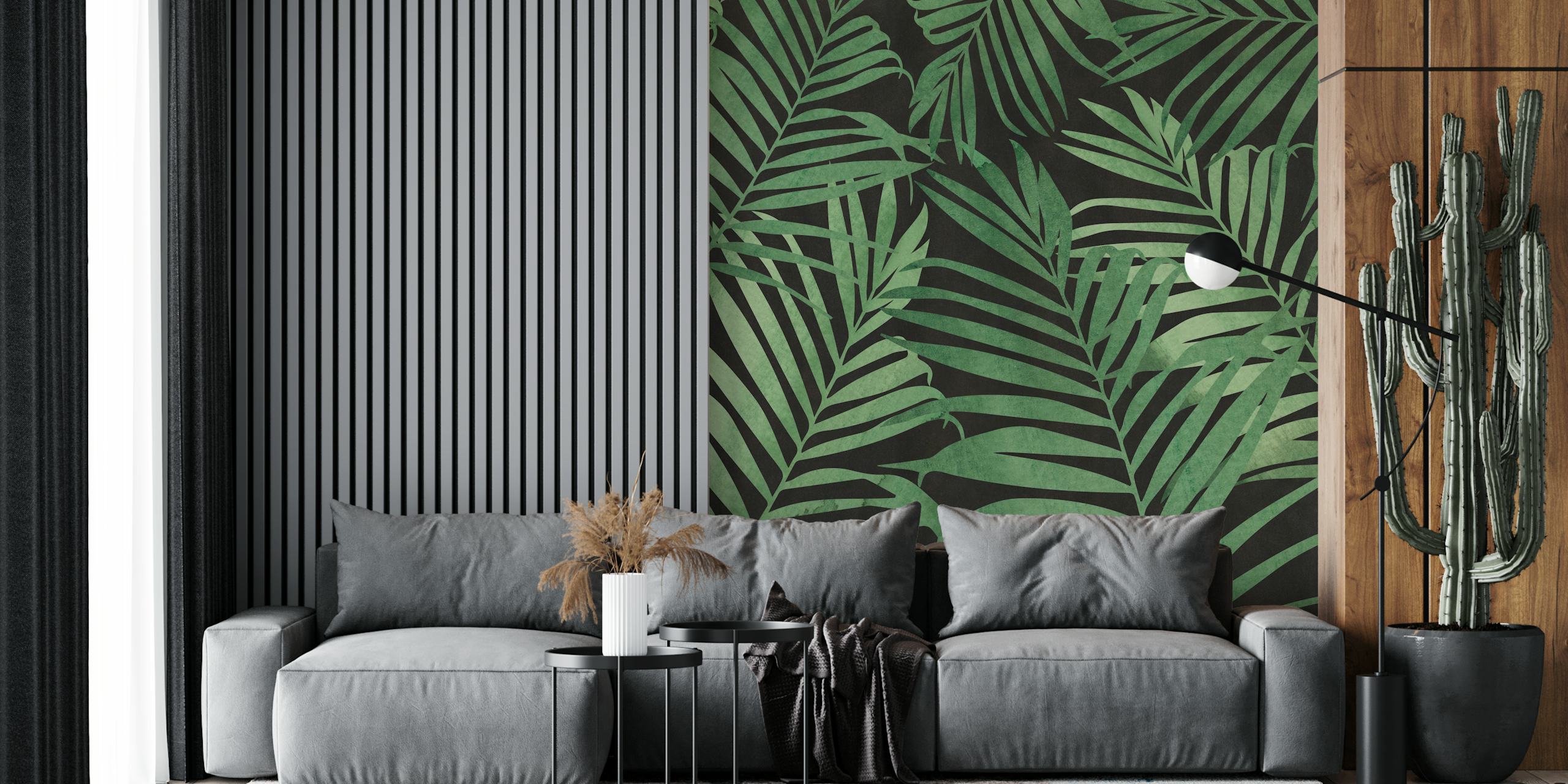 Tropical palm leaves pattern in green on black wallpaper