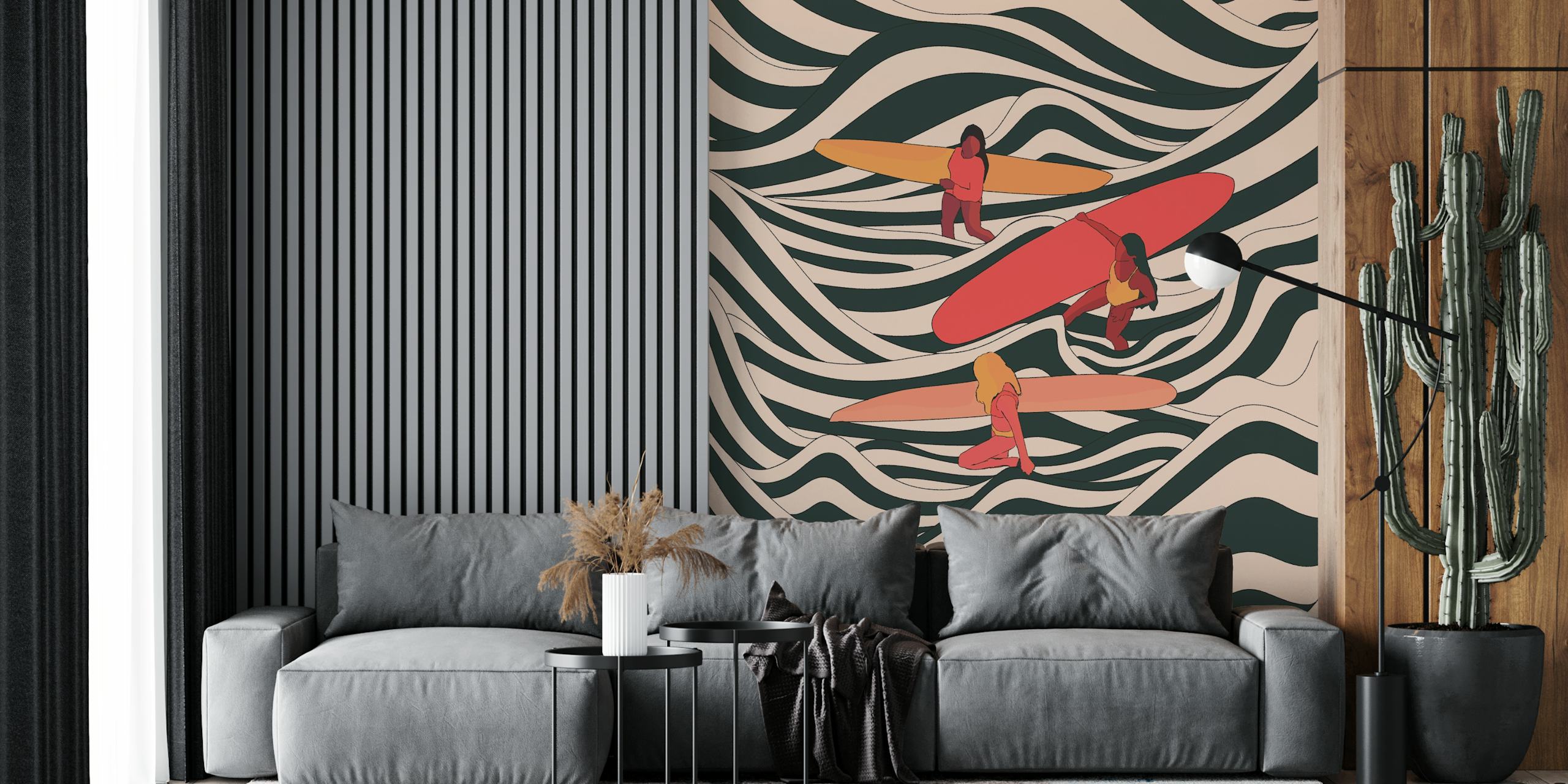 Three women surfing on dynamic waves with colorful boards in retro style wallpaper