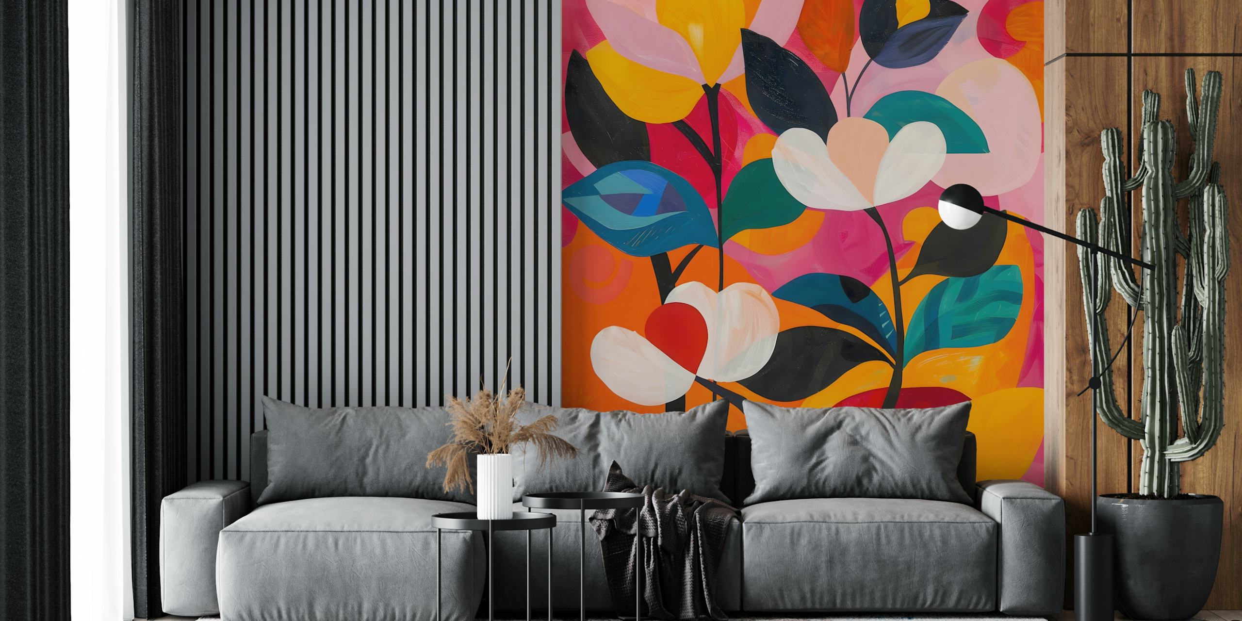 Vibrant floral wallpaper in a room