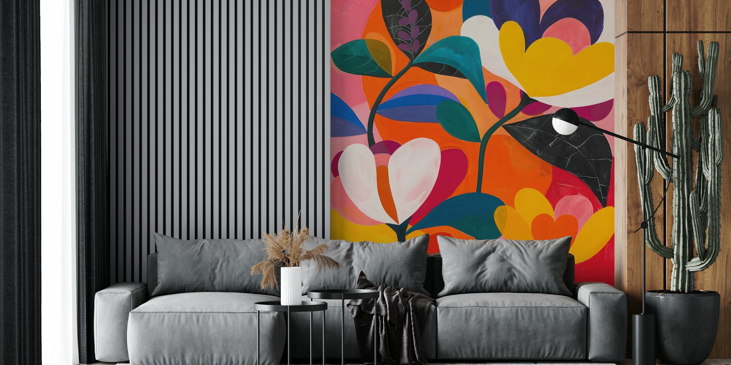 Bold floral design with pink, orange, yellow, and green elements wallpaper