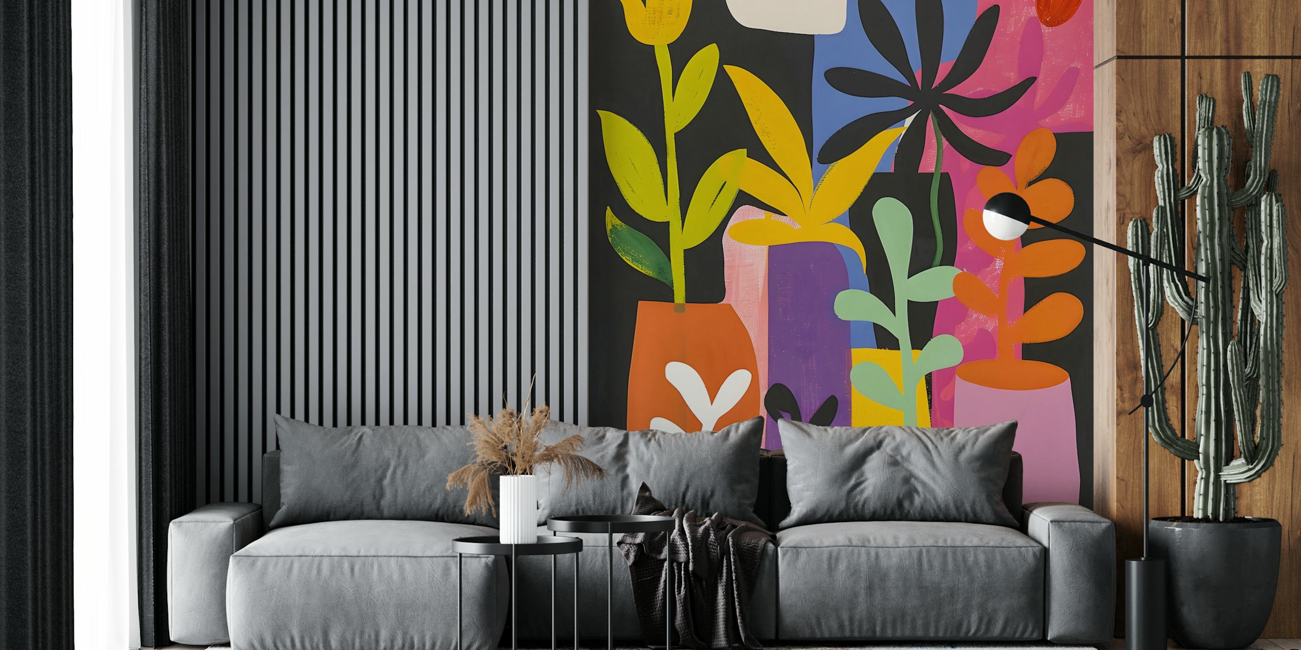 bunte Pflanzen in Töpfen auf schwarzem Hintergrund, moderne Tapete