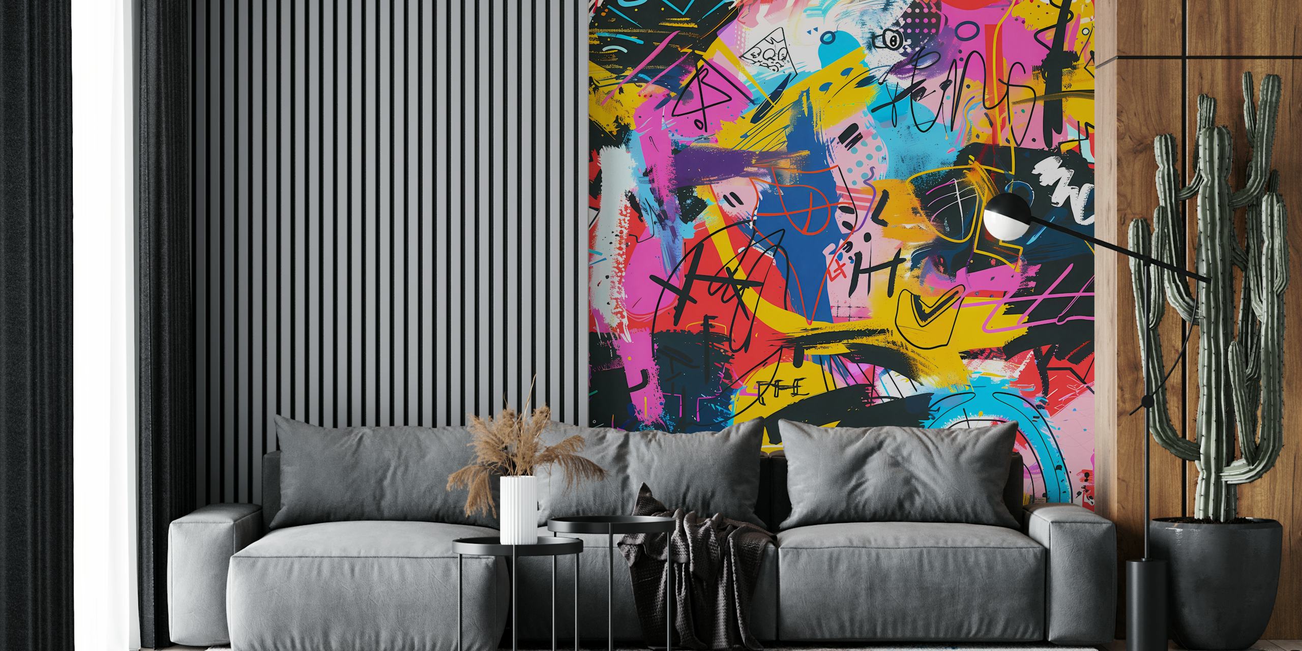 Colorful abstract graffiti patterns in pink, blue, and yellow wallpaper