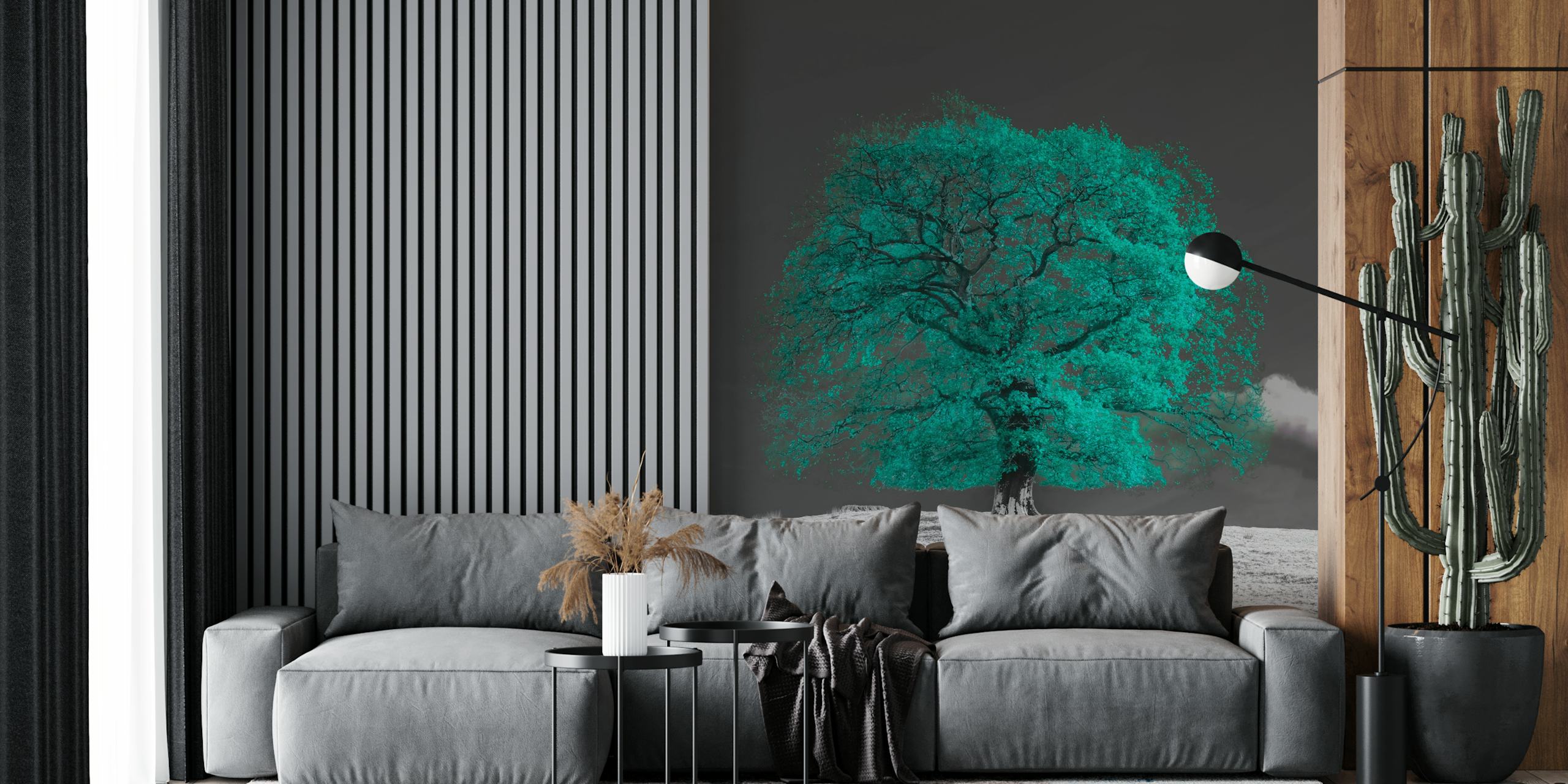 Teal tree silhouette against a monochrome background wallpaper