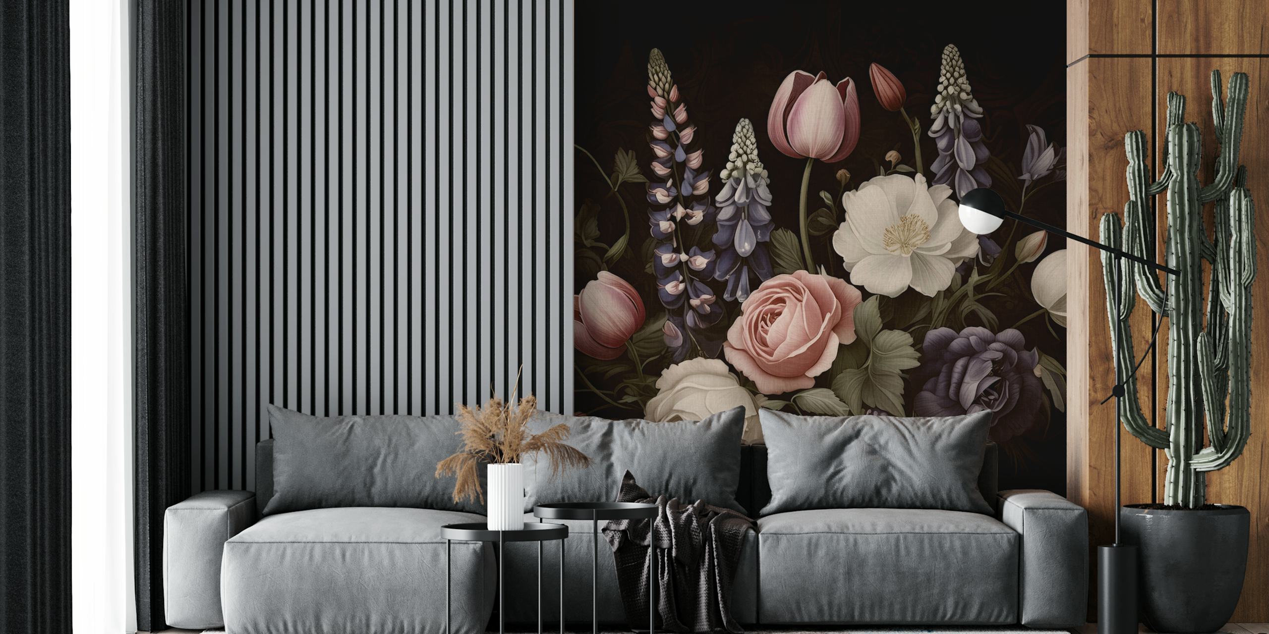 Moody baroque summer flowers wallpaper design